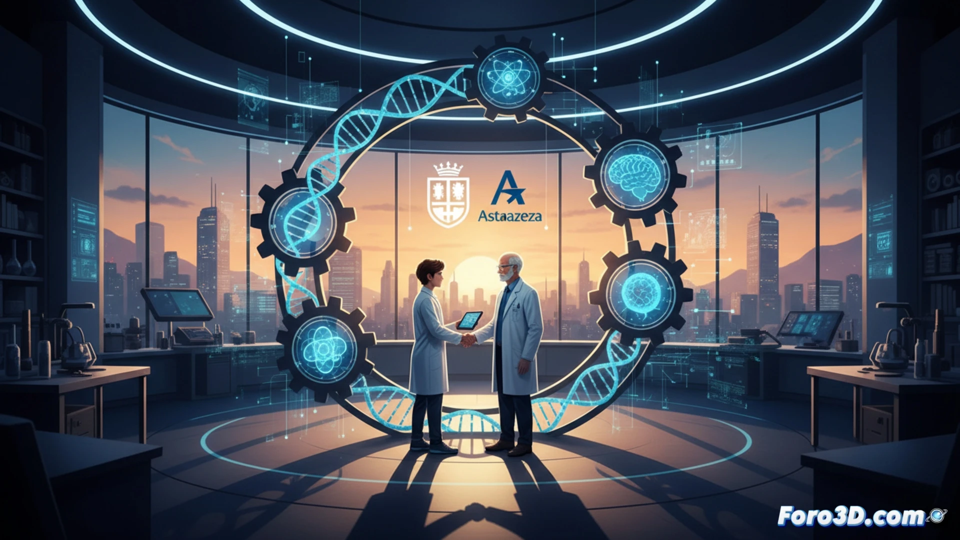 Científico joven señalando un gráfico en una pantalla, con ISCIII y AstraZeneca en logos sobre fondo azul claro.