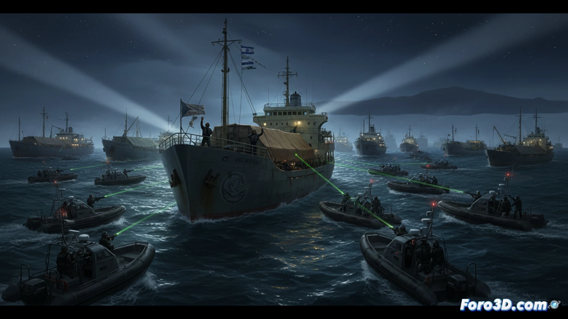 Mar de Creta: lanchas israelíes rodean flotilla humanitaria; activistas alzan banderas palestinas entre destellos láser y humo.