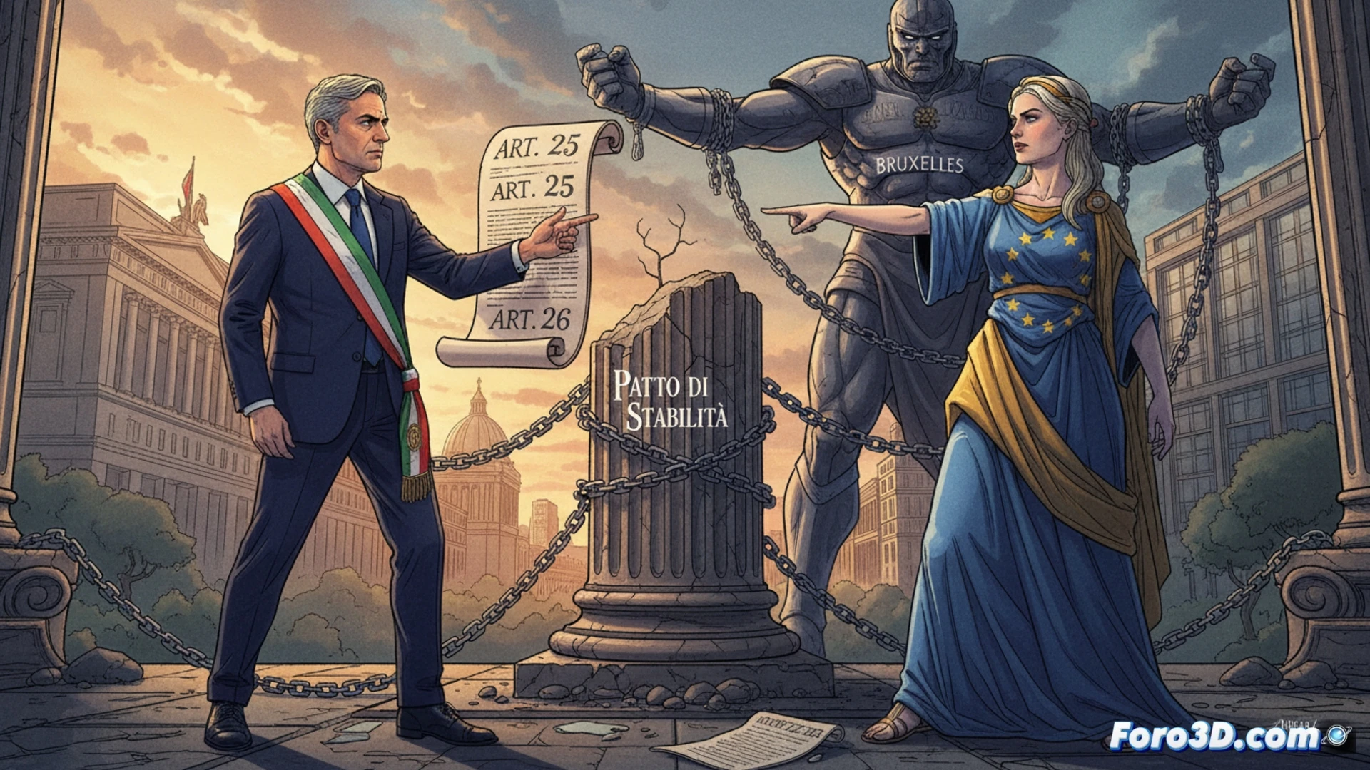 El ministro italiano Giorgetti señala un documento frente a la sede de la UE, mientras Bruselas cruza los brazos.