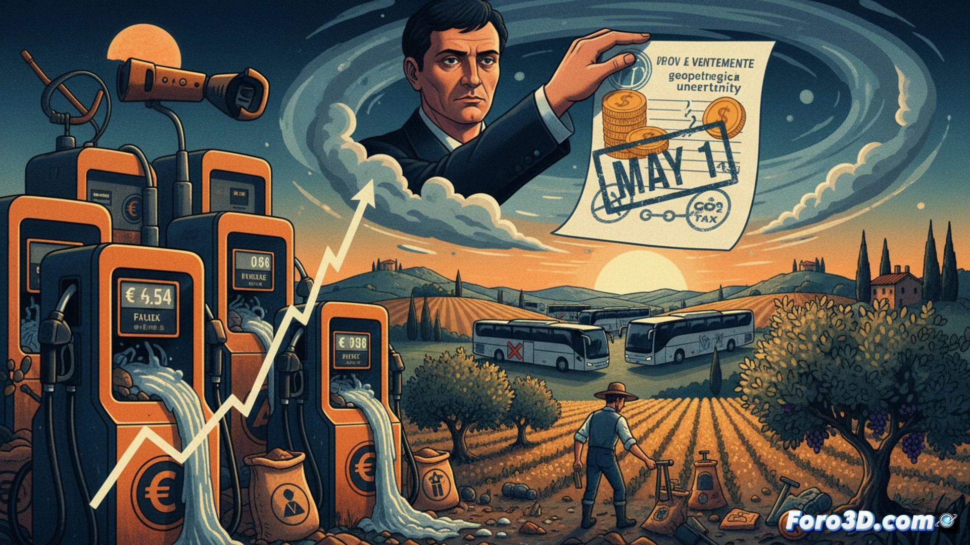 Una gasolinera italiana muestra un cartel con precios altos, mientras un cliente observa con preocupación. Al fondo, un tractor simboliza el sector agrícola.