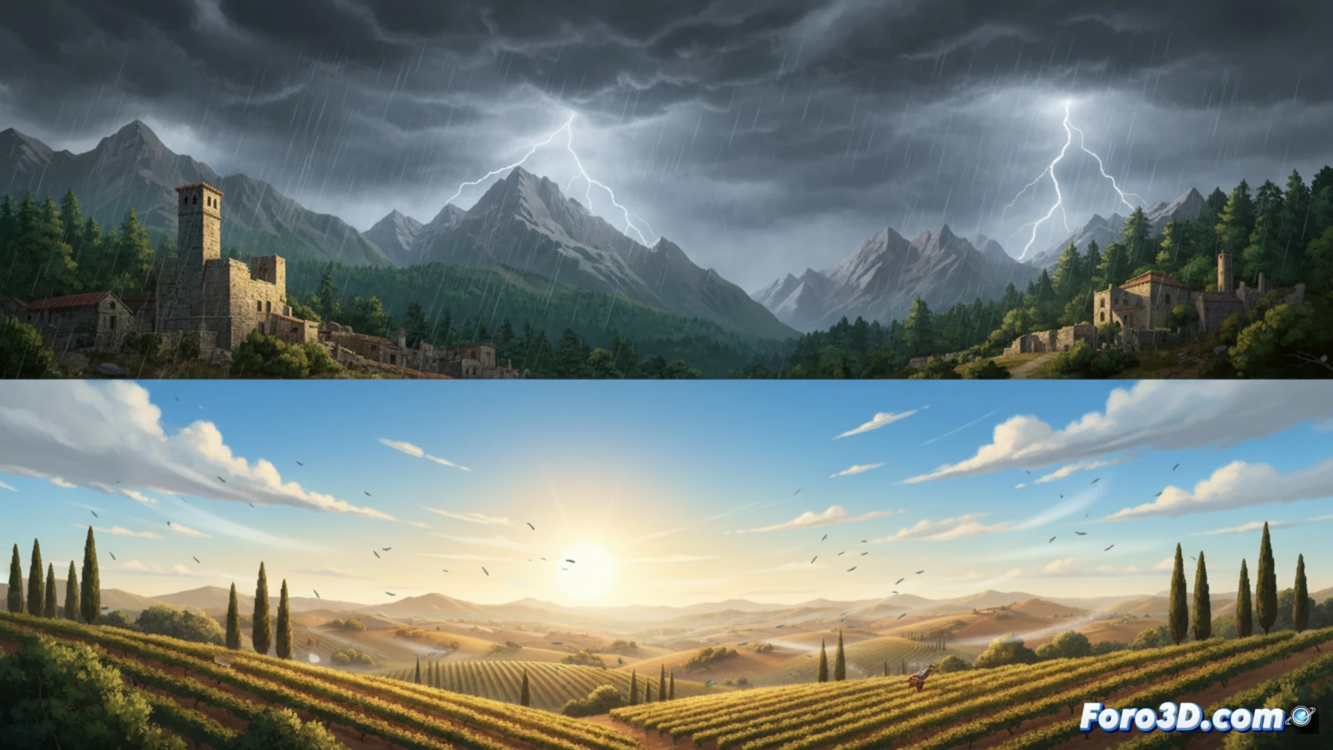 Un mapa de Italia con sol radiante en el sur y tormentas grises en el norte, con flechas de frío descendiendo.