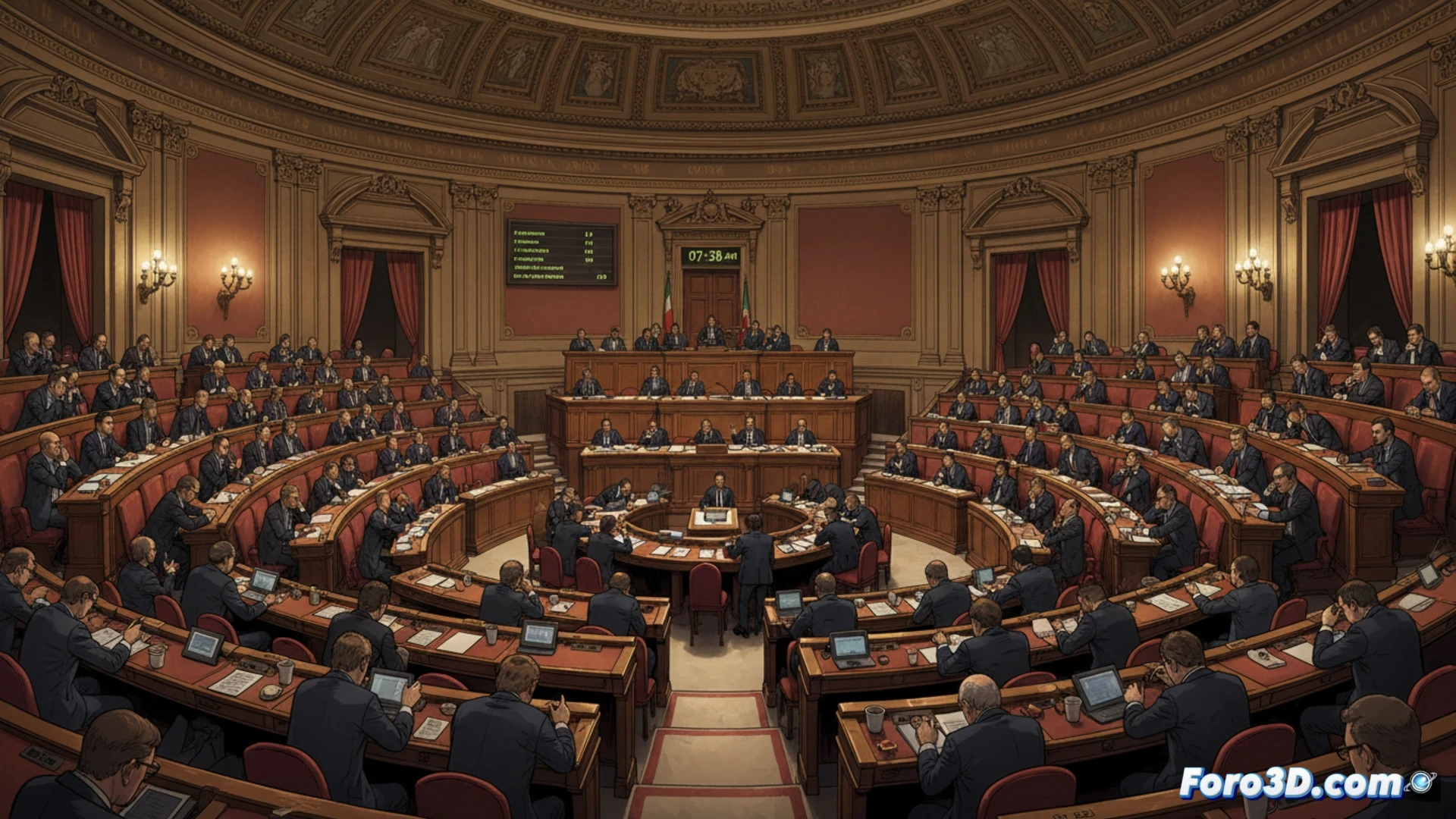 Diputados exhaustos en bancos verdes, reloj marca 7:36 y pila de papeles; luz de amanecer filtra por ventanas altas.