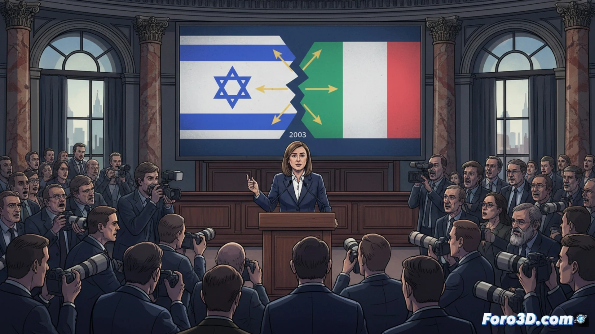 Una bandera italiana y otra israelí separadas sobre un documento de tratado roto, con el parlamento italiano de fondo.