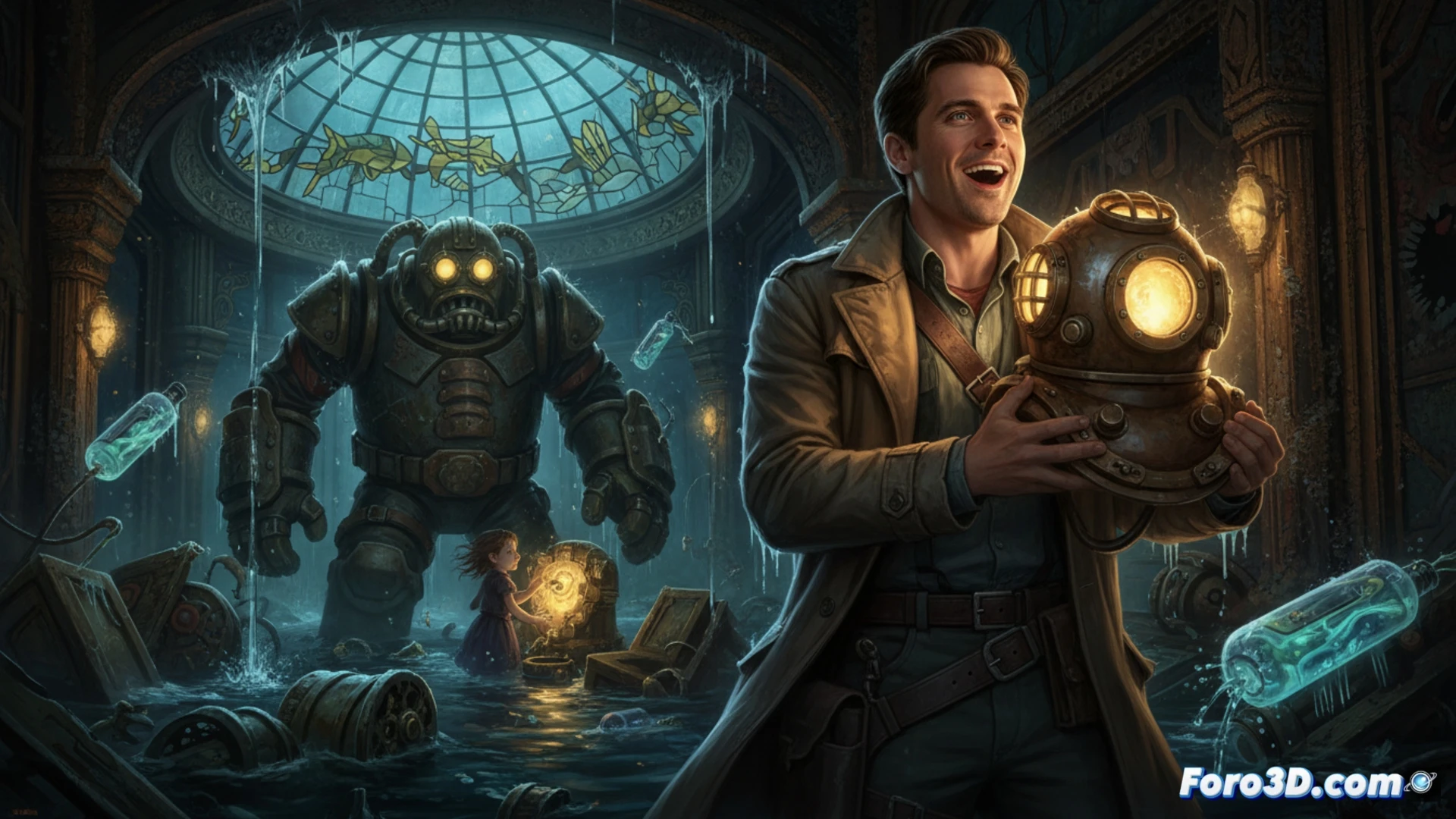 Jack Quaid observa un tráiler de BioShock, con reflejos de Rapture y un Big Daddy en sus gafas.