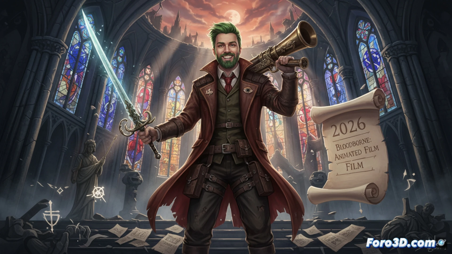 Jacksepticeye, con auriculares, sonríe ante un cartel de la película animada de Bloodborne, mientras fans celebran.