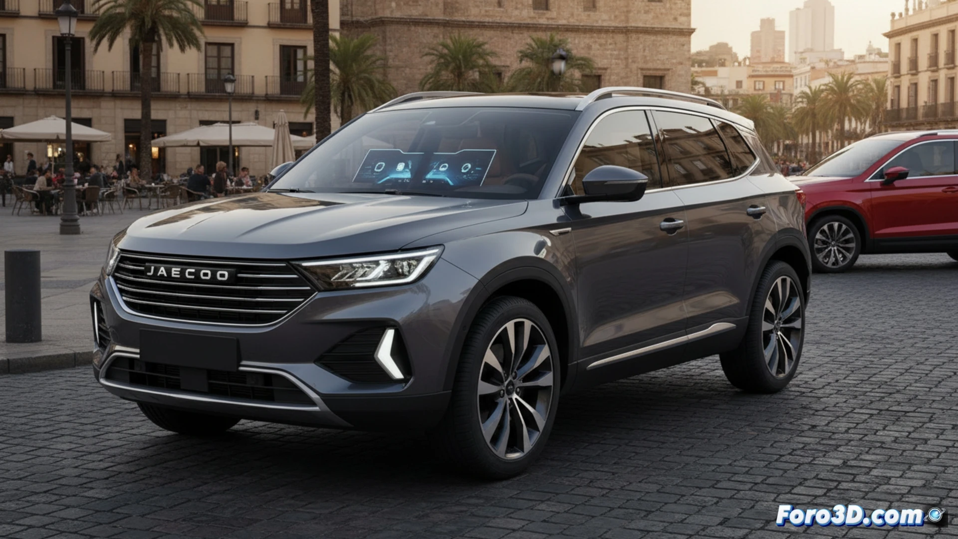 Un SUV compacto moderno, el Jaecoo 5, aparcado junto a un SEAT Ateca en un entorno urbano.