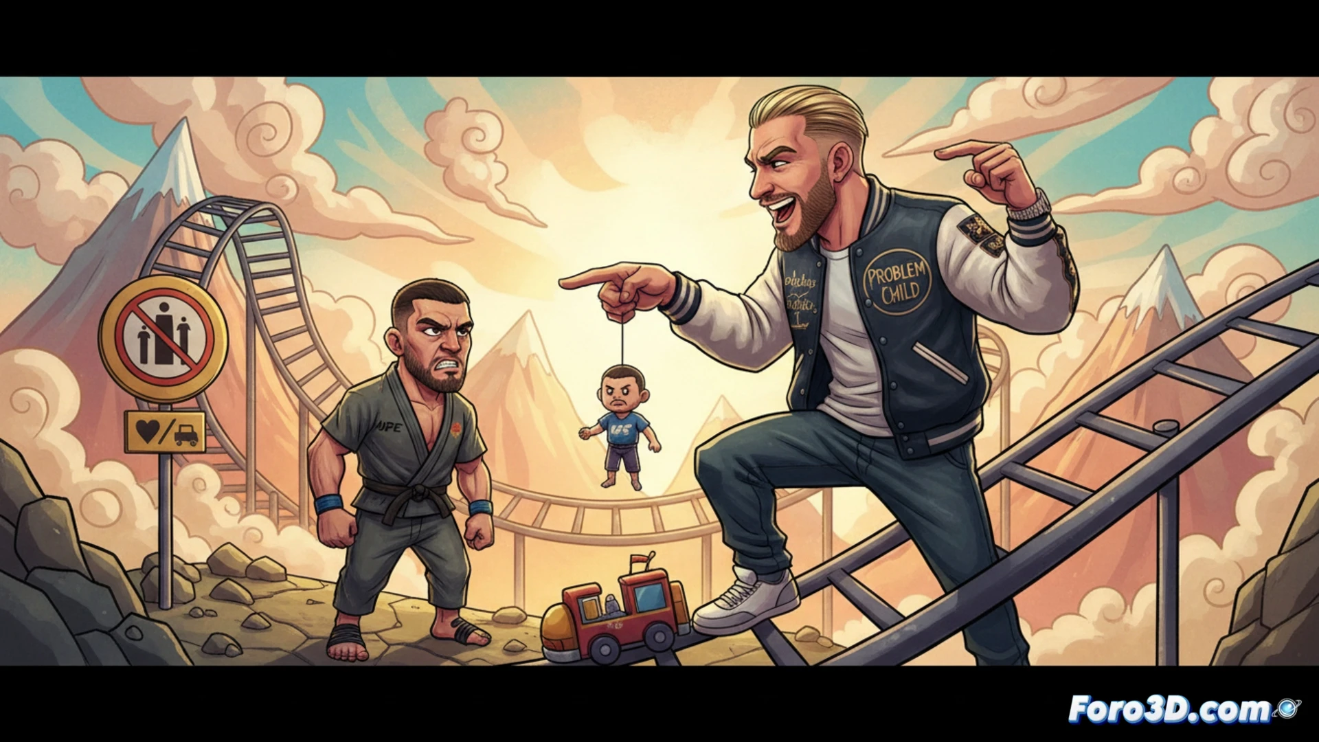 Jake Paul sonríe con desprecio mientras habla, con una montaña rusa de fondo y un muñeco con la cara de Ilia Topuria colgando de su guante.