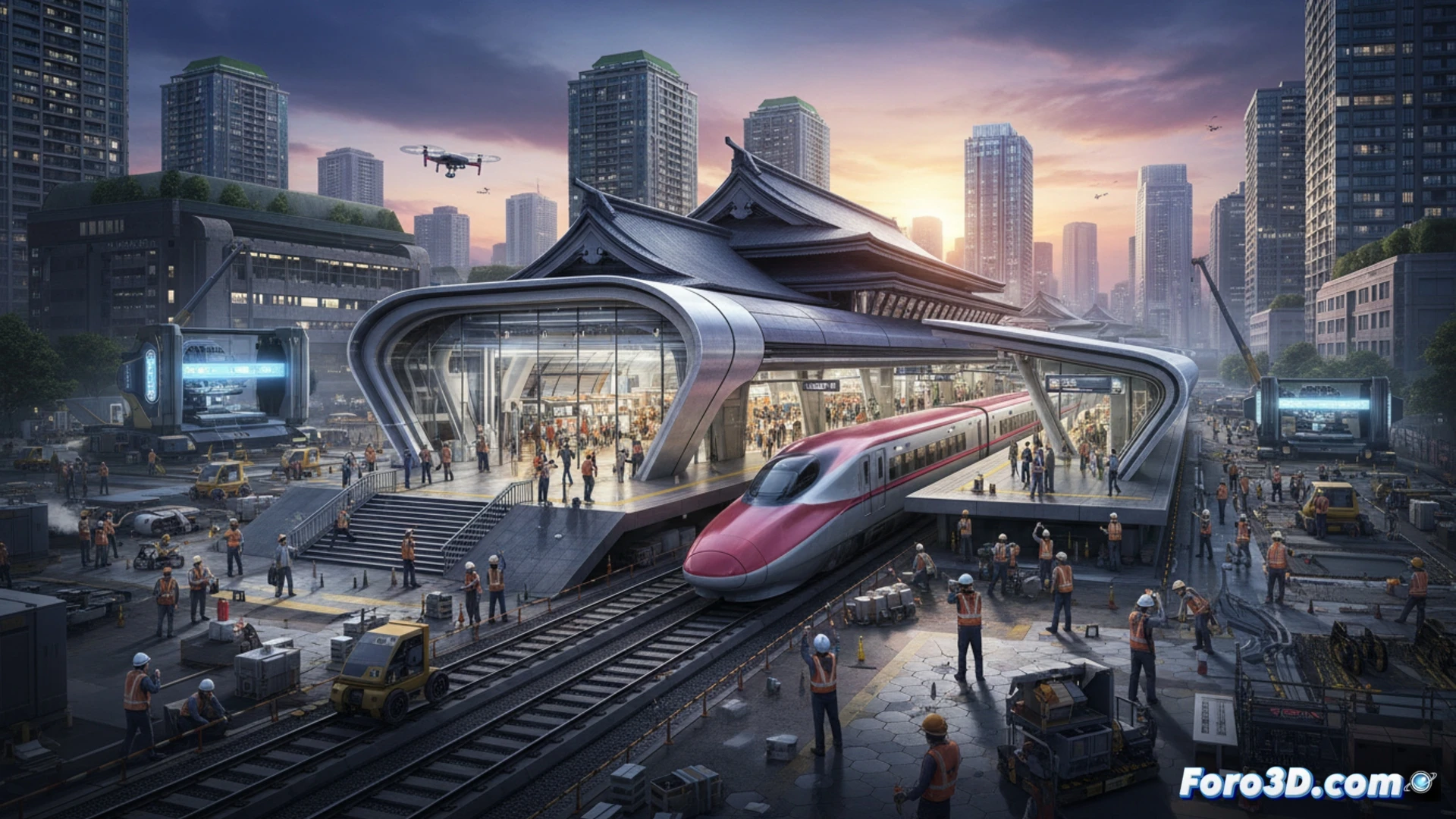 Una estación modular moderna se ensambla de noche, con grúas y robots, bajo focos en un área urbana.