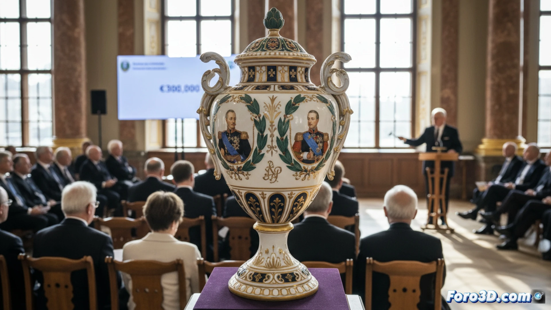 Jarrón de porcelana azul y dorado, con decoración floral, sobre pedestal. Se subasta en Berlín por un vínculo con el káiser Guillermo II.