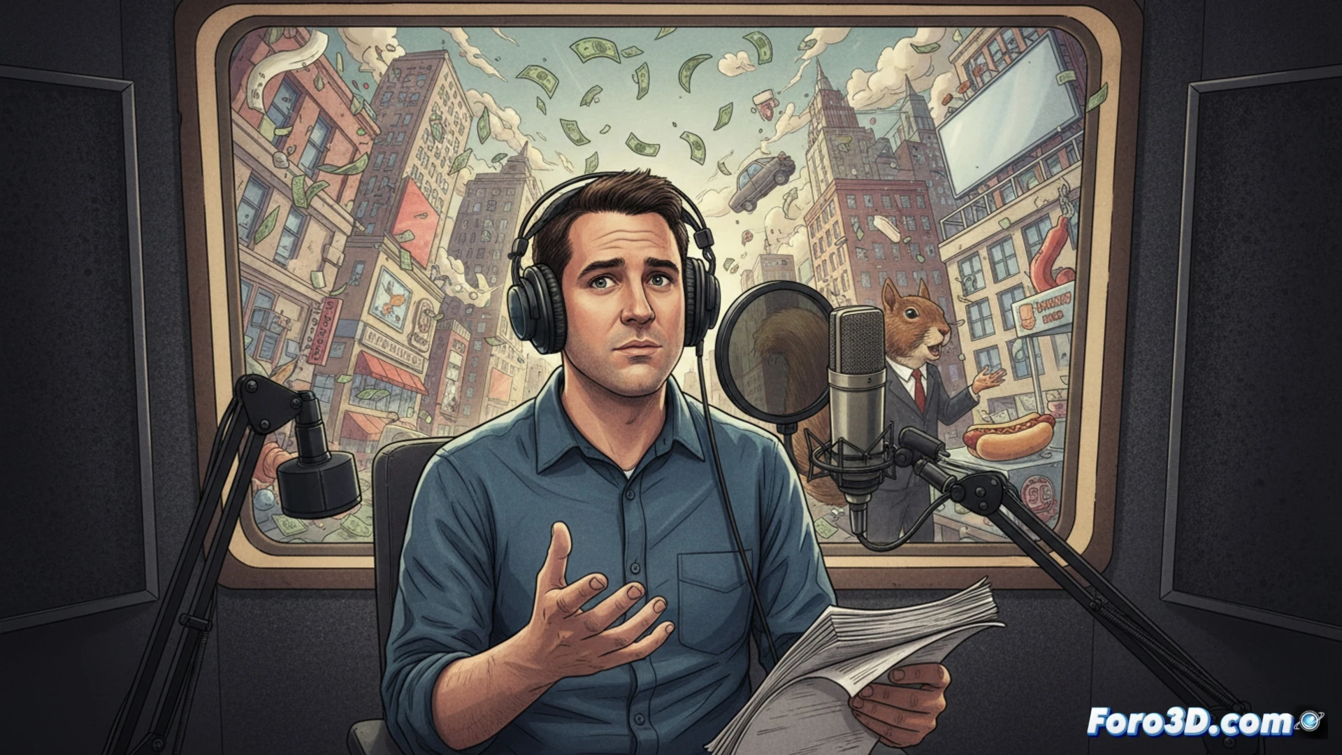 Un actor reflexiona frente a un televisor mostrando noticias absurdas y el logo de GTA 6 difuminado.