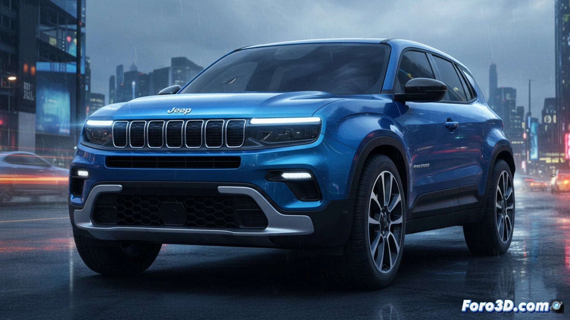 Primer plano del Jeep Avenger 2027 en Brasil, con parrilla de siete ranuras iluminada por tira LED y faros conectados, paragolpes grande y diseño agresivo.