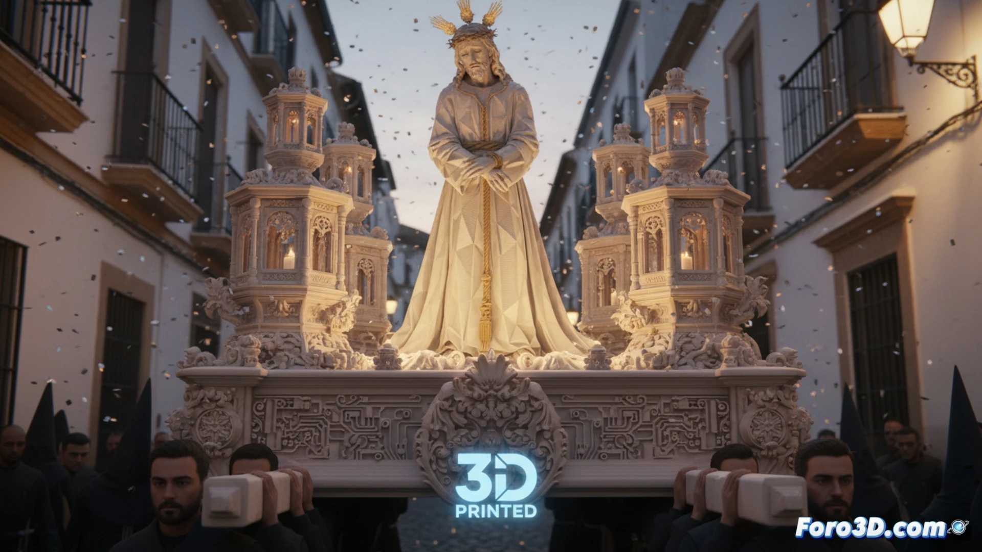 Una figura de Jesús con manos atadas, sobre un paso procesional cuyos detalles y adornos surgen de capas de filamento, fusionando devoción tradicional con tecnología 3D moderna.