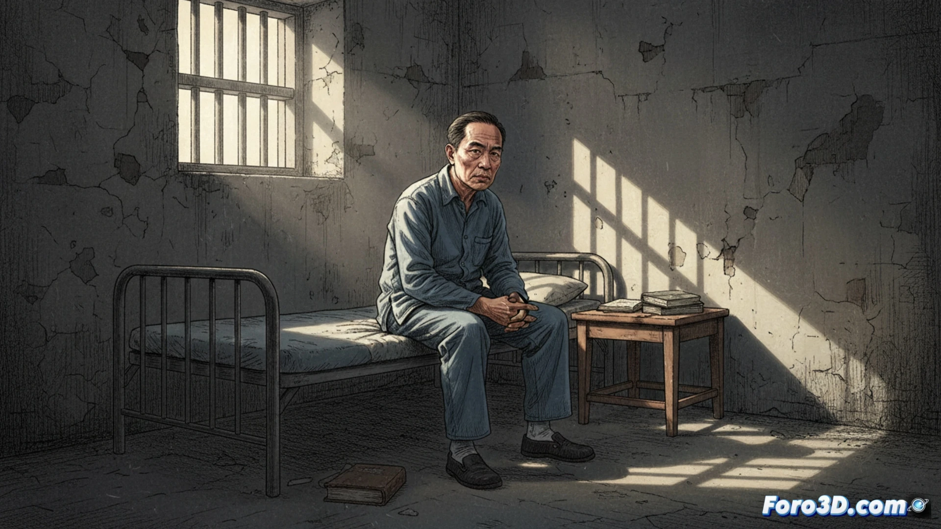 Jimmy Lai, encanecido y tras rejas, mira al frente en una celda solitaria, con un mapa de Hong Kong y documentos legales chinos al fondo.