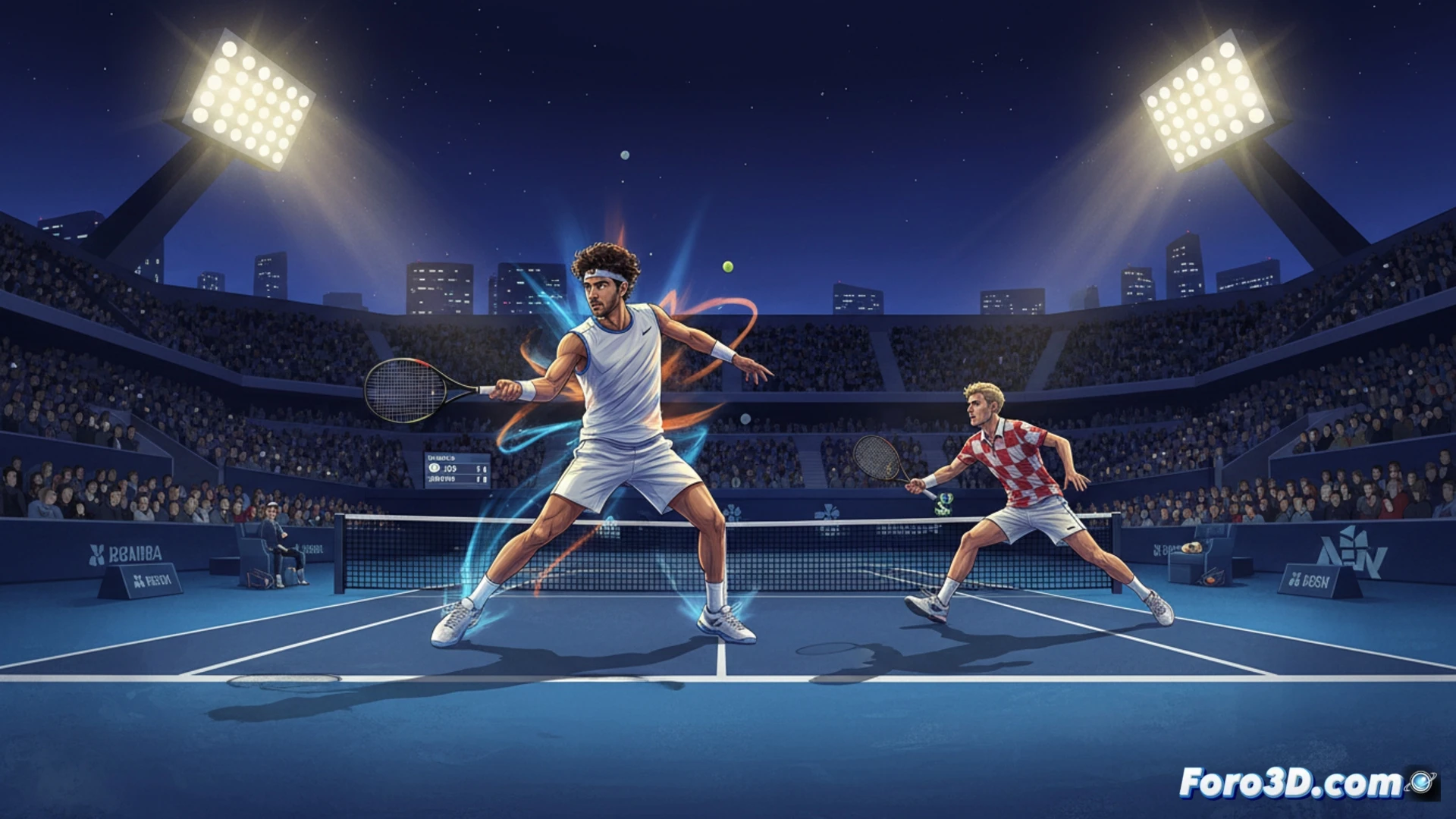 Jódar, con raqueta en alto, mira fijo a Kopriva en la pista Manolo Santana del Masters 1000 de Madrid.