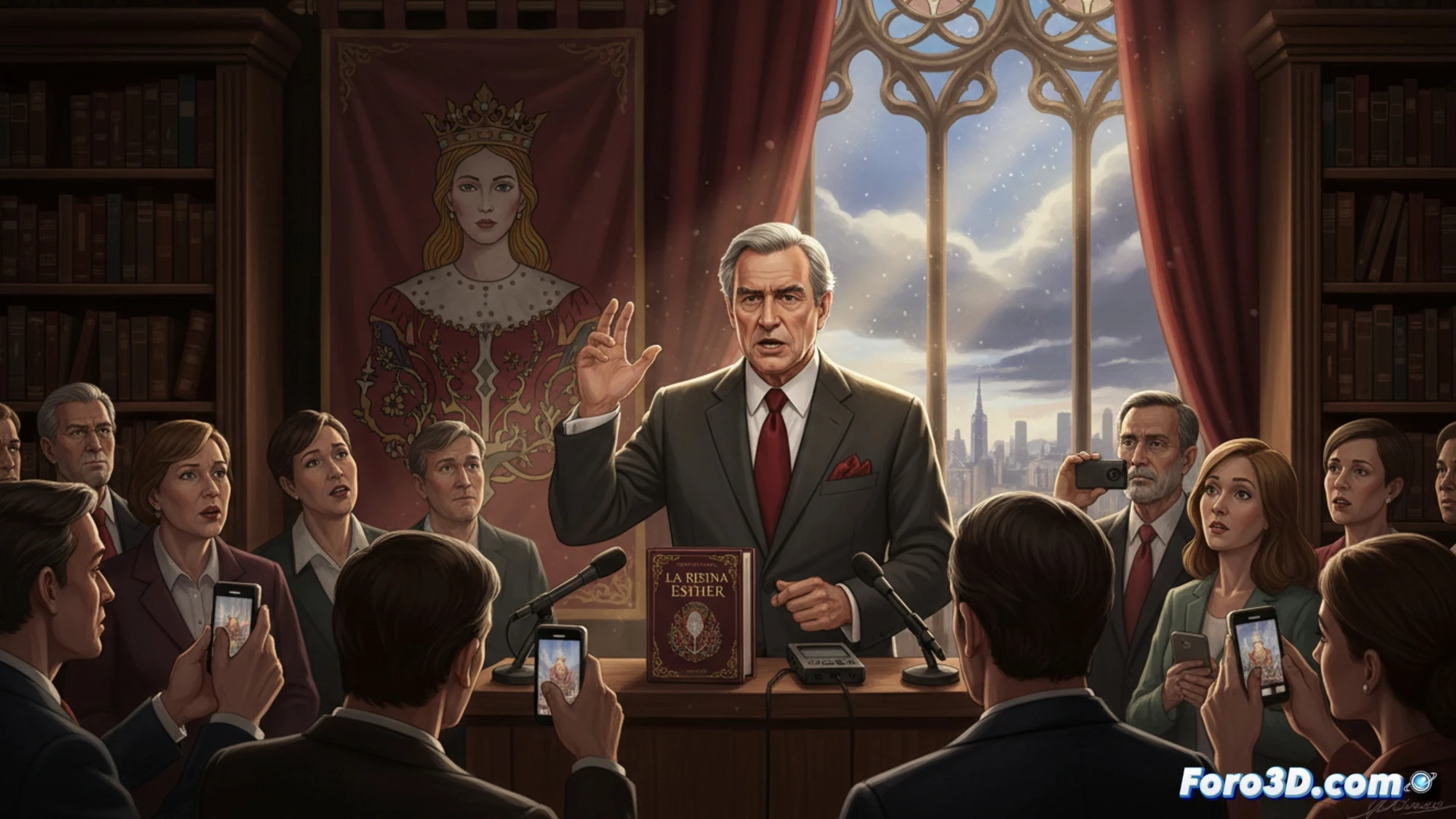 El escritor John Irving habla en un acto literario en Madrid, con gesto serio y un ejemplar de su novela 'La reina Esther' sobre la mesa.