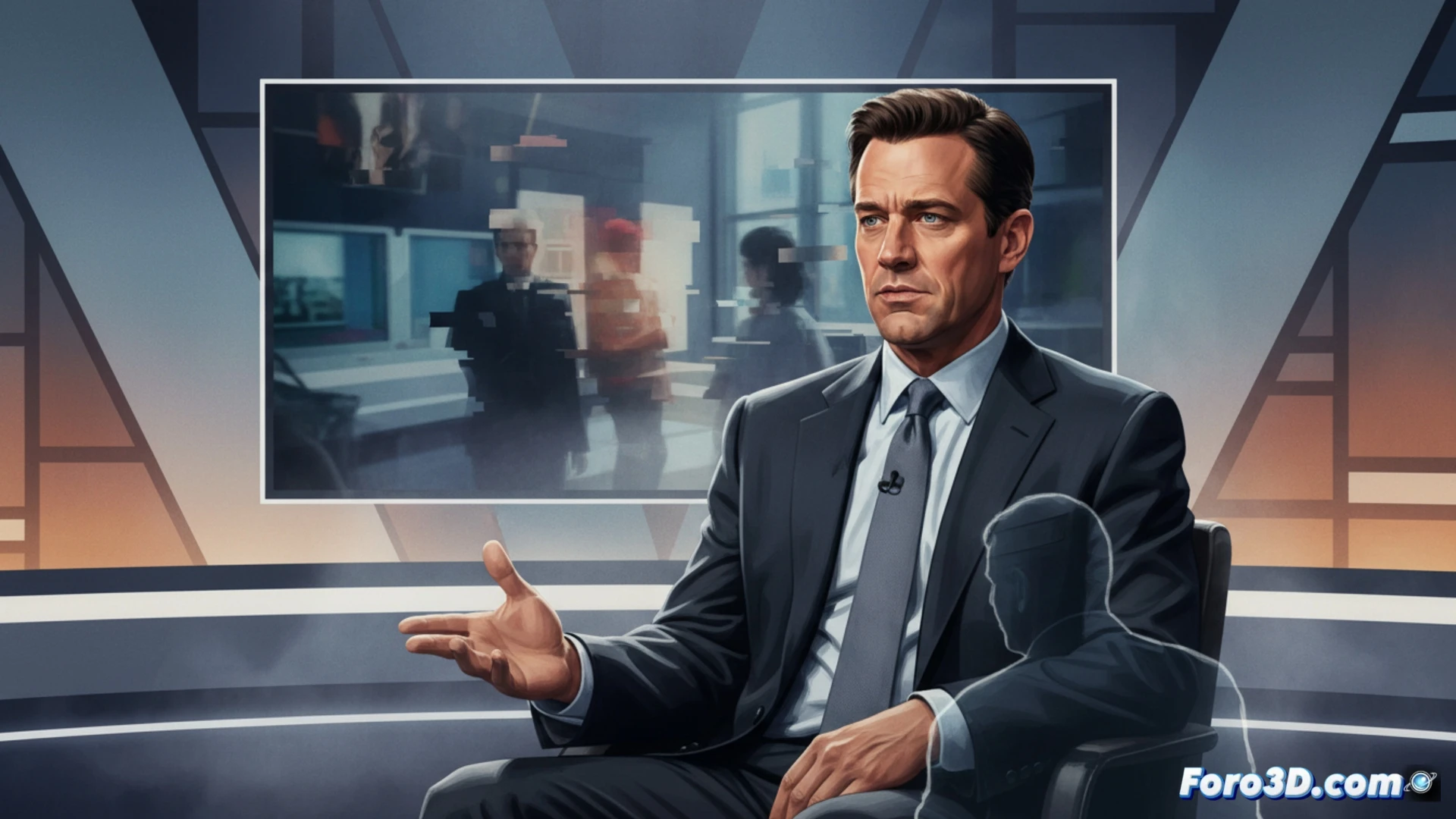 Primer plano de Jon Hamm con mirada intensa, mientras una escena distorsionada de la serie se refleja en sus gafas. Su voz en off parece alterar la imagen.