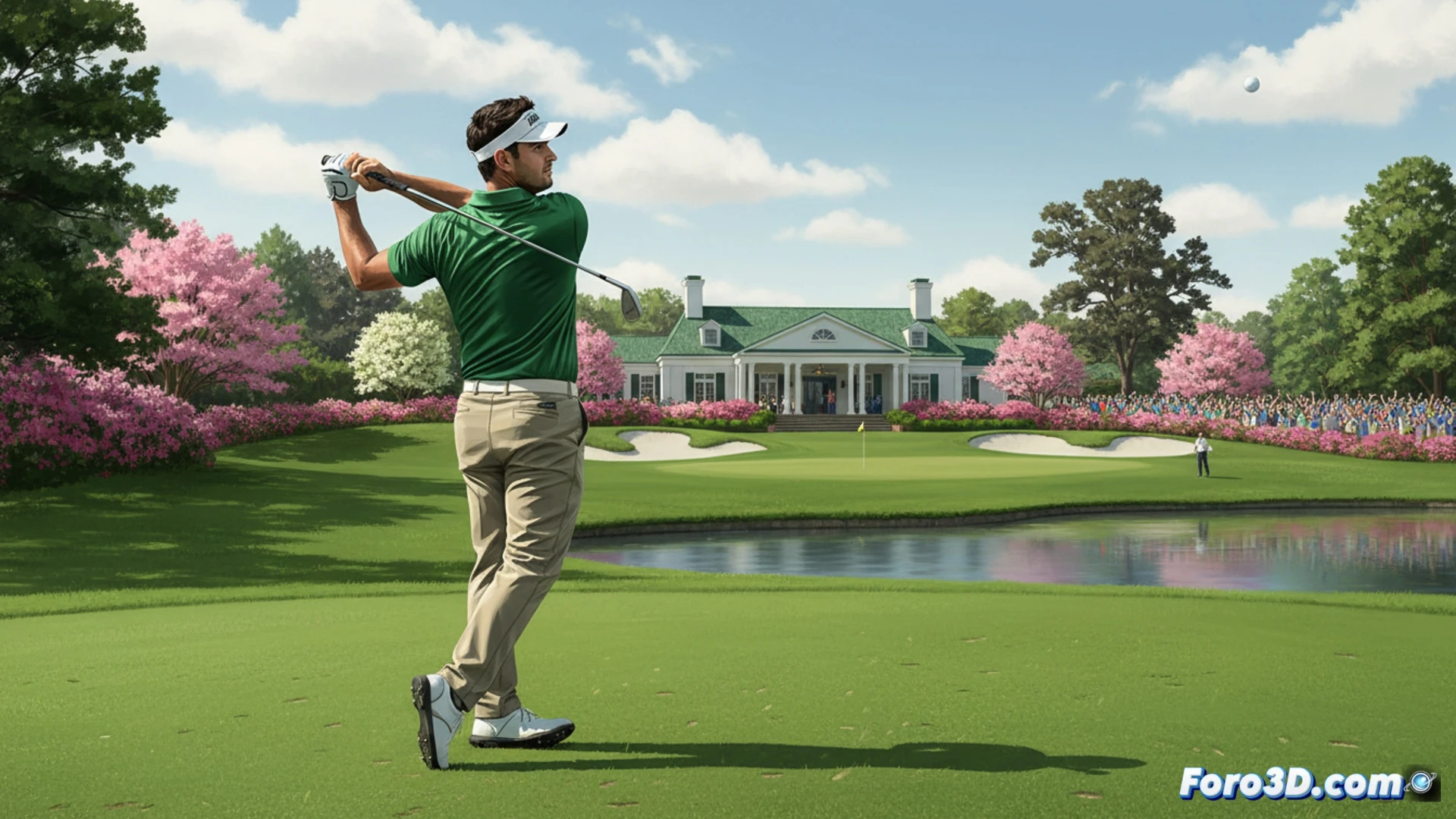 Jon Rahm sonriendo tras su último golpe en el Masters, con el público aplaudiendo en el fondo del hoyo 18.