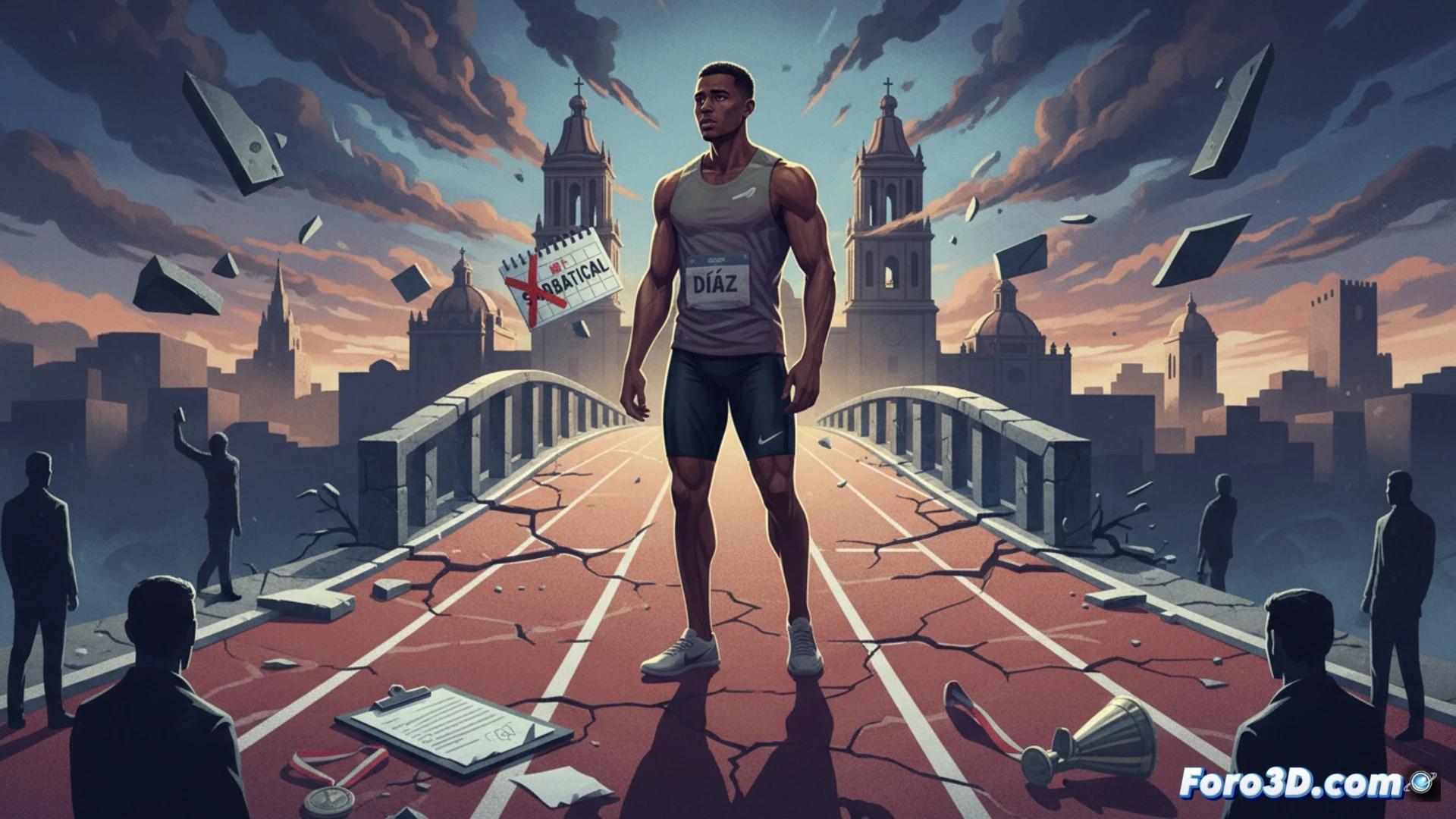 Un atleta solitario en una pista vacía de Guadalajara, mirando al suelo, con una maleta a los pies y el logo roto de un patrocinador.