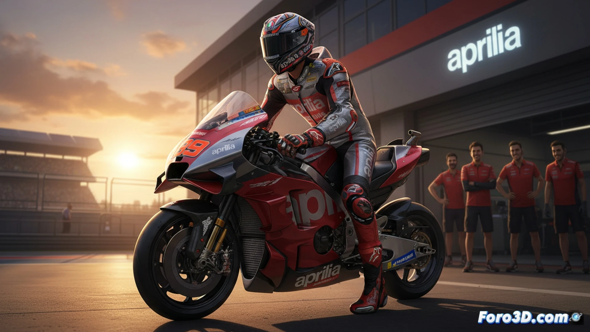 Jorge Martín sonríe junto a su Aprilia RS-GP, con el mono de cuero azul y rojo, rodeado del equipo en el box. Un ambiente familiar, tras superar dudas y lesiones en 2025.