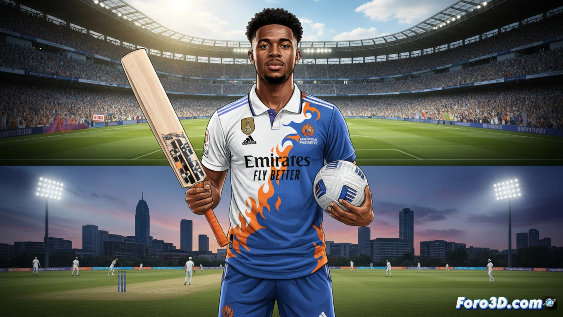 Jude Bellingham, con la camiseta del Real Madrid, firma un documento de inversión frente al logotipo del Birmingham Phoenix de críquet.