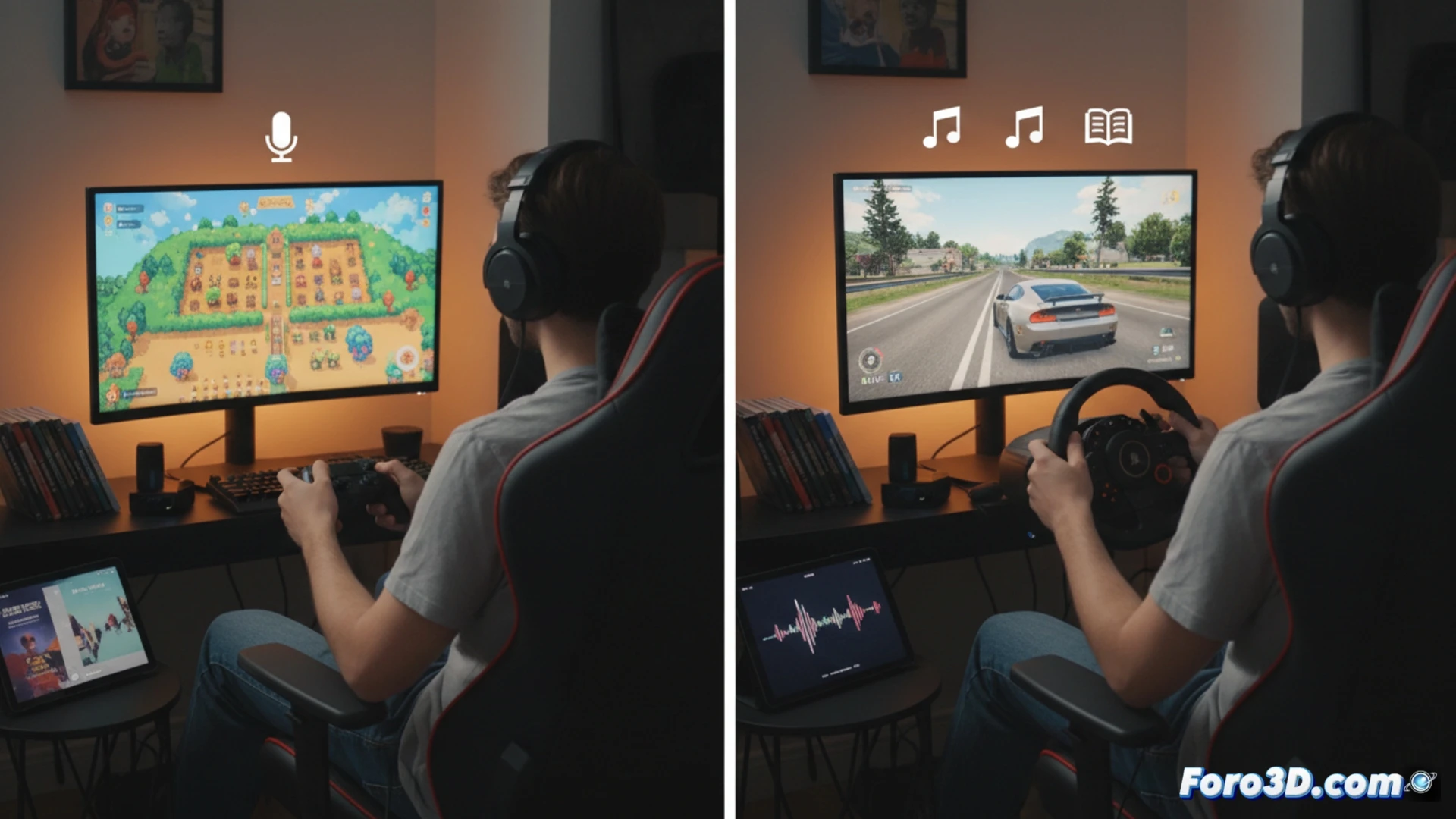 Jugador con auriculares limpia un auto en PowerWash Simulator mientras escucha un podcast en su teléfono.