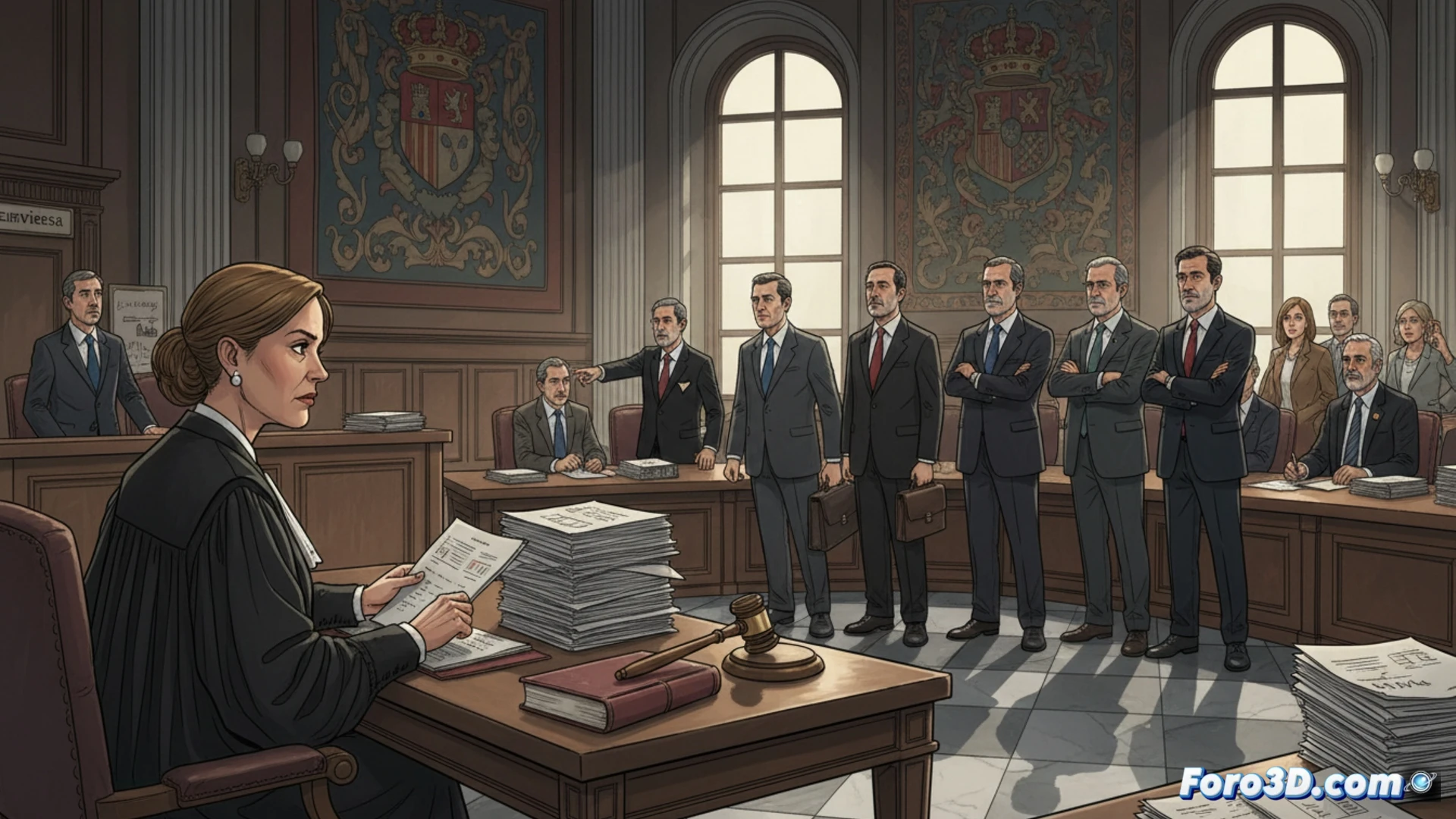 Una jueza con toga y martillo, sobre un expediente de 54 millones de euros, con siete ex altos cargos en fila ante documentos mineros.