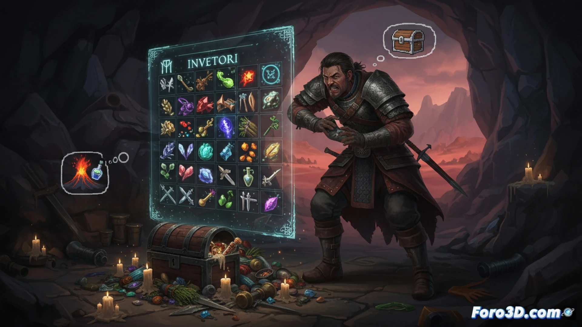 Un guerrero abrumado frente a un cofre desbordado de gemas y armas, con iconos de inventario llenos y un gesto de frustración.