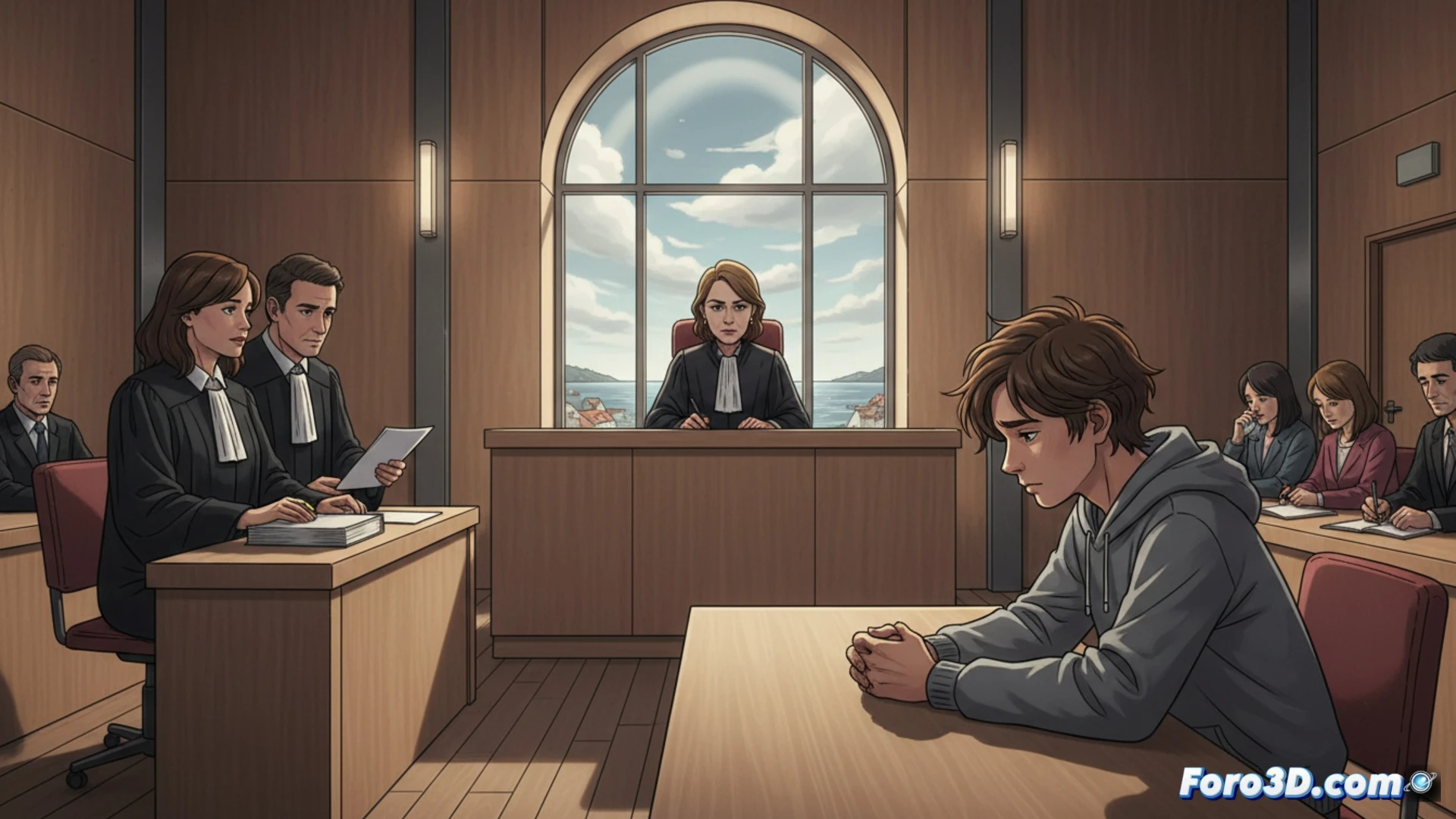 Un adolescente en el tribunal, cabizbajo, durante el juicio por el asesinato de su profesora.