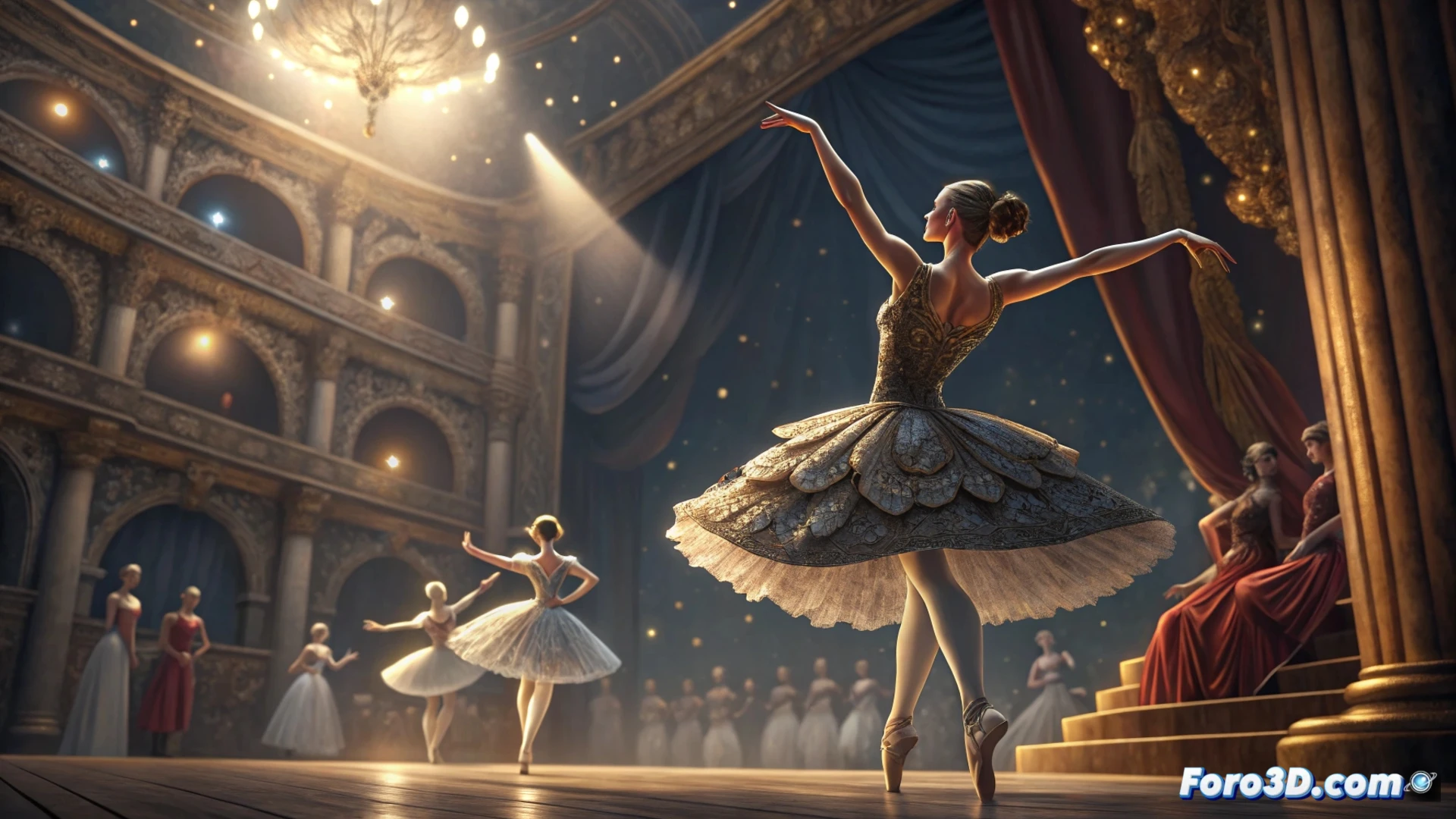 Dos jóvenes bailarines en tenso abrazo, ella al frente con mirada desafiante, él detrás en un gesto protector.