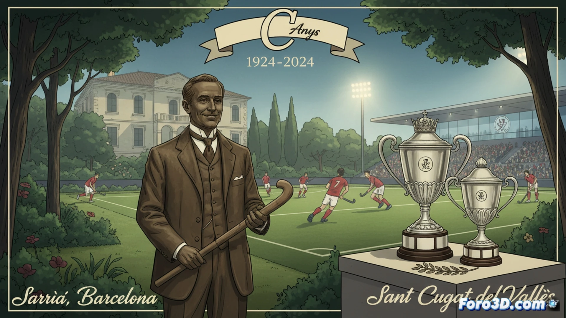 Una fotografía aérea del campo de hockey del Junior FC en Sant Cugat, con las Copas del Rey y de la Reina en el centro del césped, rodeadas de jugadores y aficionados celebrando el centenario de la sección, bajo un cielo despejado.