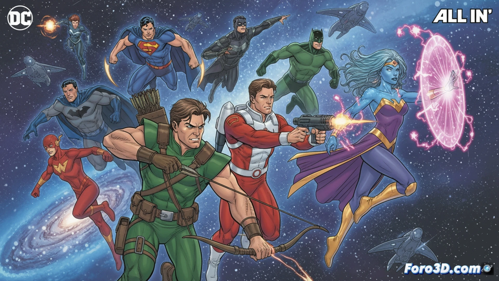 La Liga de la Justicia Ilimitada flota en el espacio, con Green Arrow, Adam Strange, Galaxy y Dreamer enfrentando una amenaza cósmica en un fondo estelar vibrante.