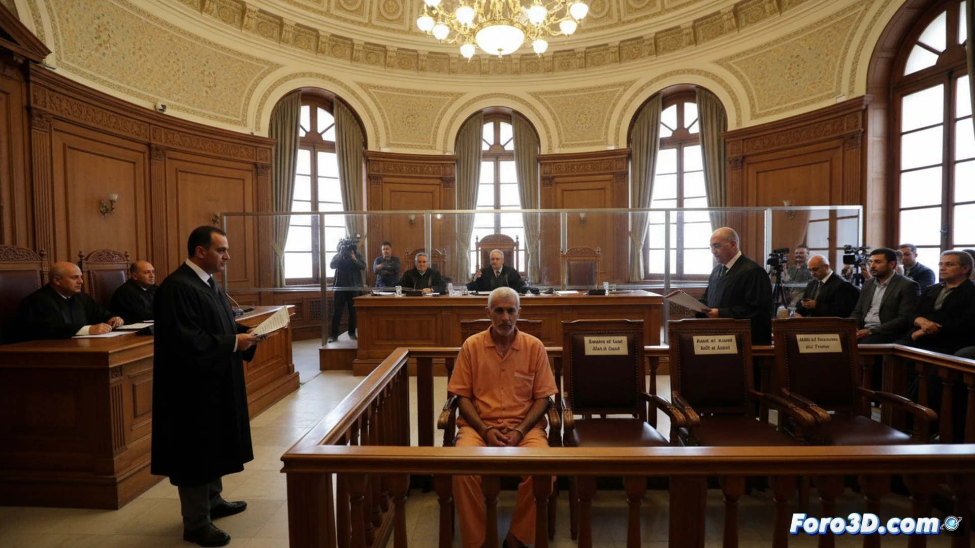 Un tribunal en Damasco, con Atef Najib esposado y en uniforme de preso, juzga a exfuncionarios de Ásad.