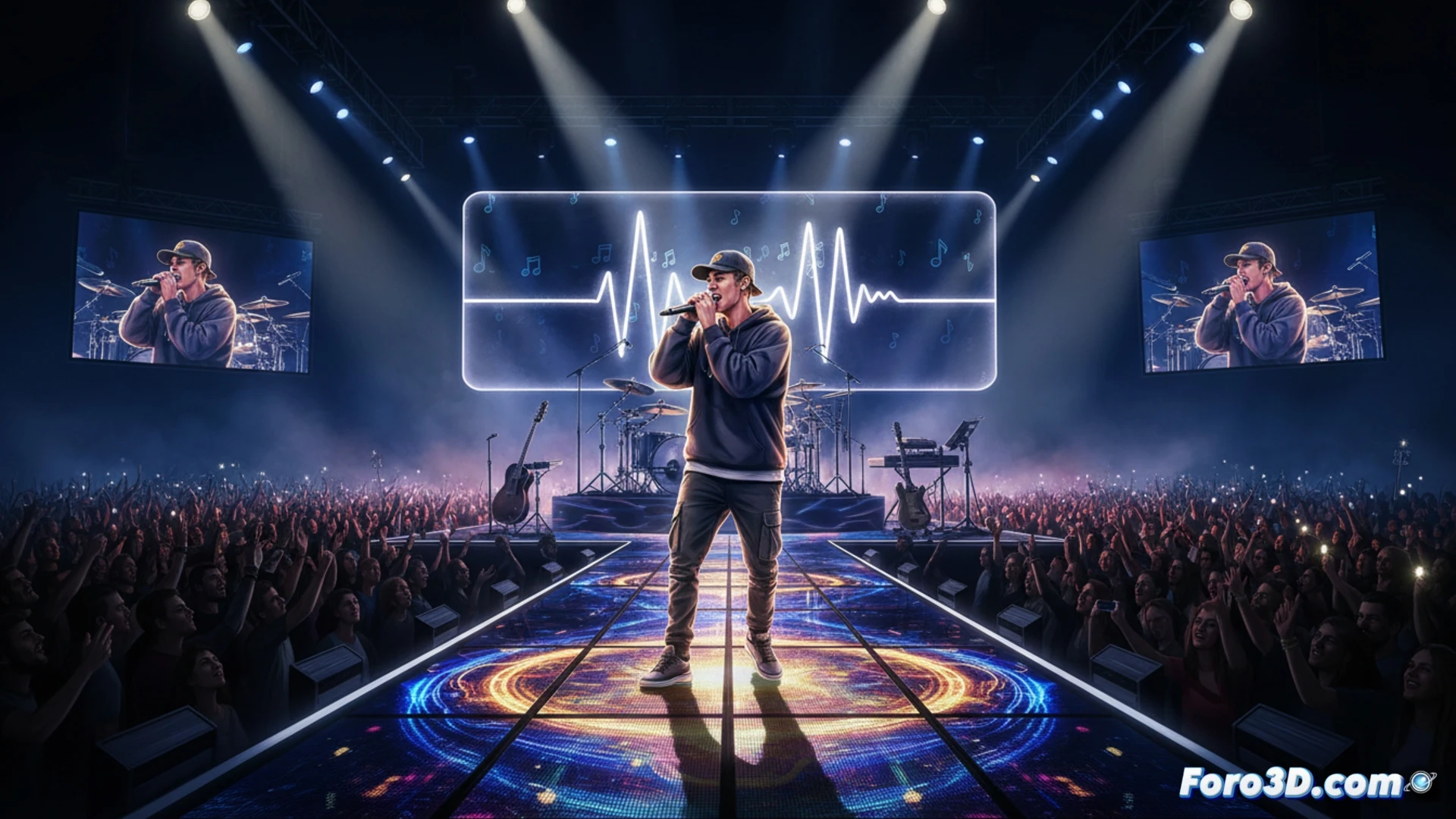 Un escenario de Coachella con Justin Bieber en el centro, luciendo pensativo ante un micrófono, mientras sombras de notas musicales y contratos se desvanecen a su alrededor.