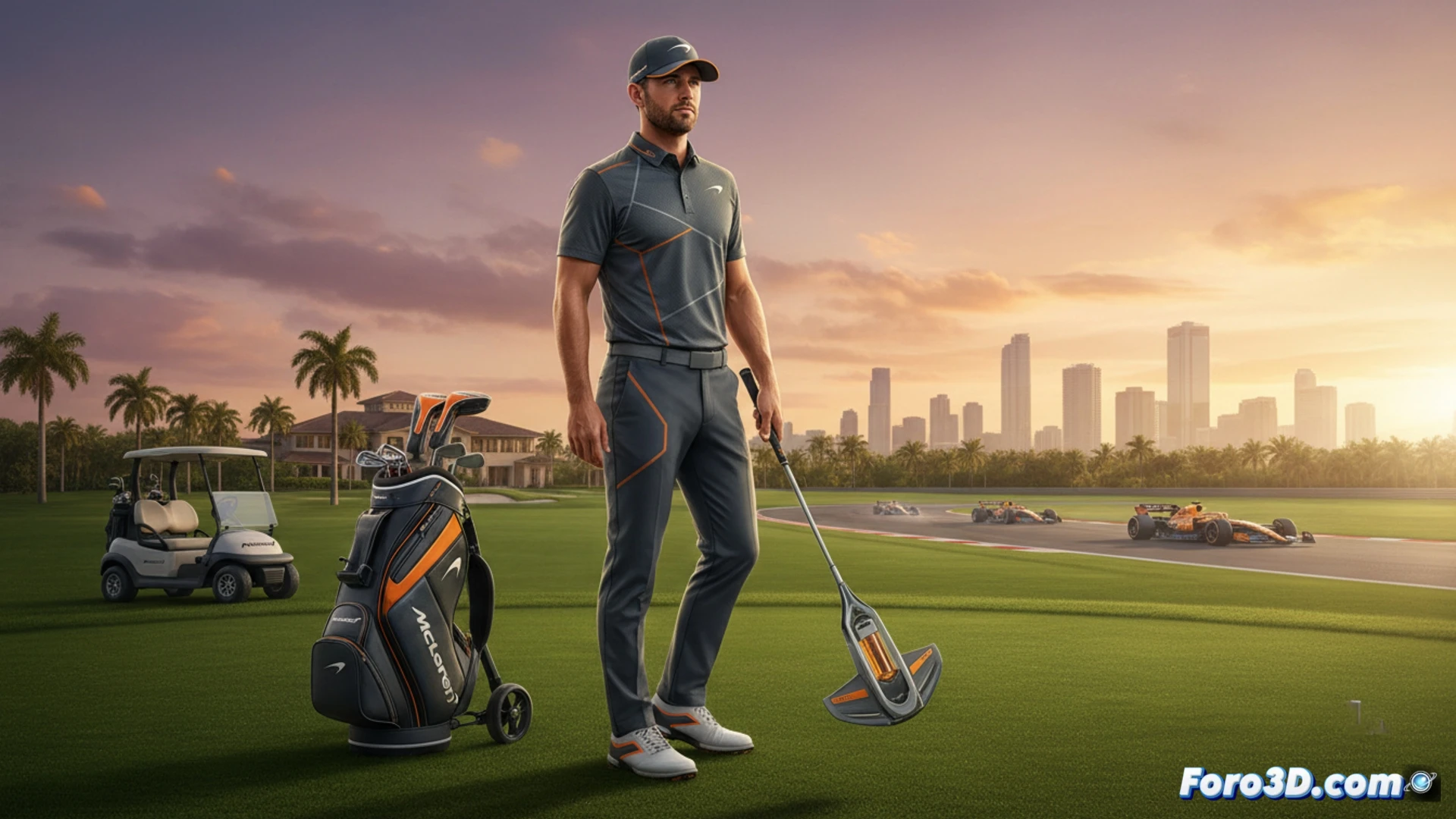 Justin Rose, en el campo de Doral, sostiene un prototipo Series 1 de McLaren Golf, con autos de F1 y boxes al fondo.