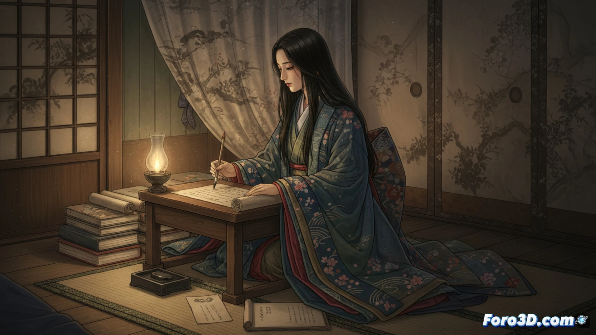 Una mujer Heian escribe en su diario, rodeada de cortinas y la luz tenue de una lámpara.