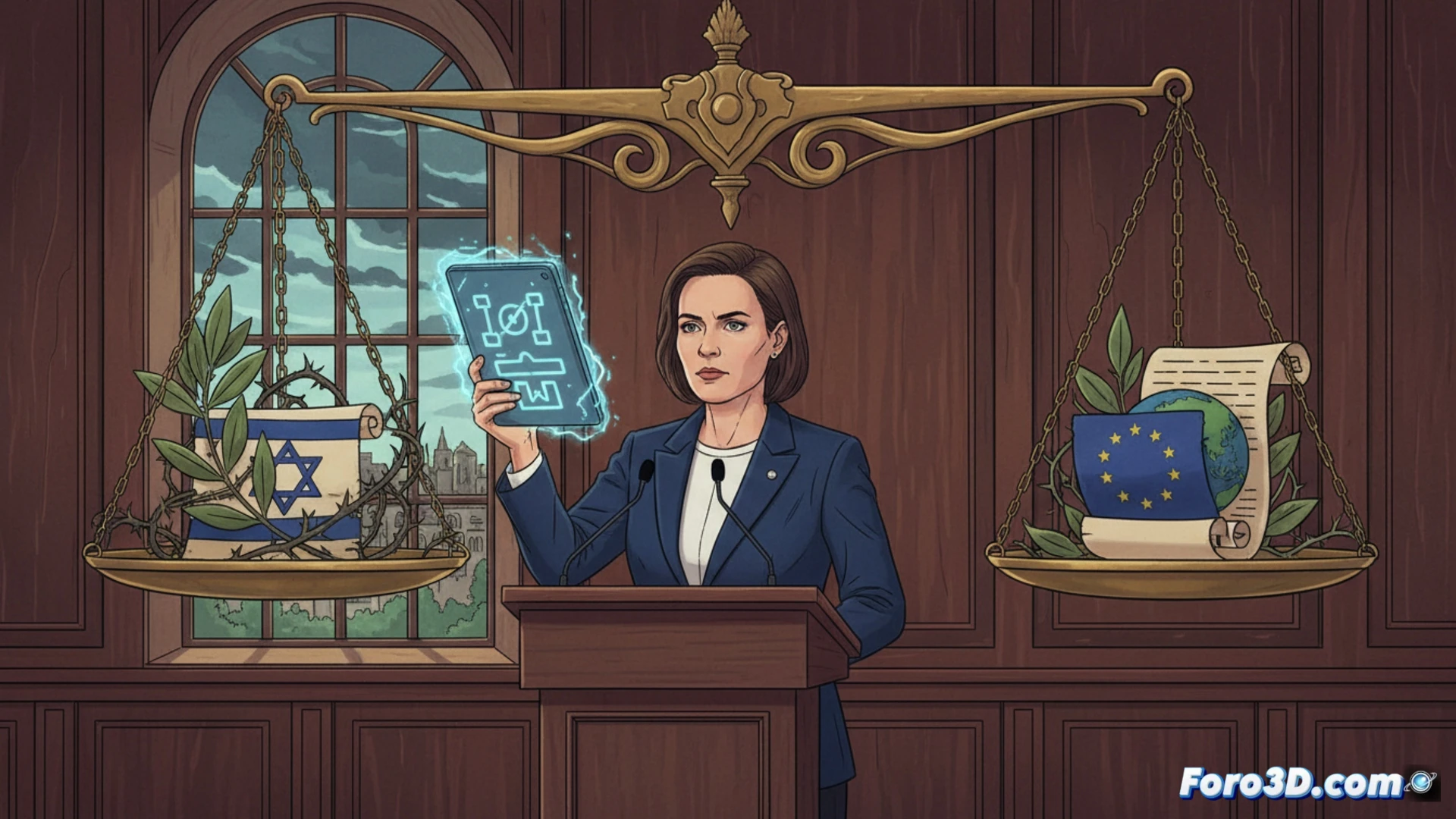 Kaja Kallas en reunión europea, proponiendo sanciones comerciales selectivas contra Israel en un mapa.