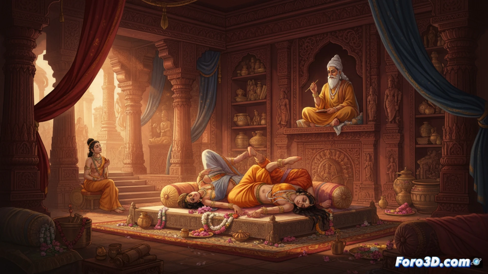 Escultura digital 3D de figuras entrelazadas, reinterpretando el Kamasutra con formas geometricas abstractas y colores vibrantes.