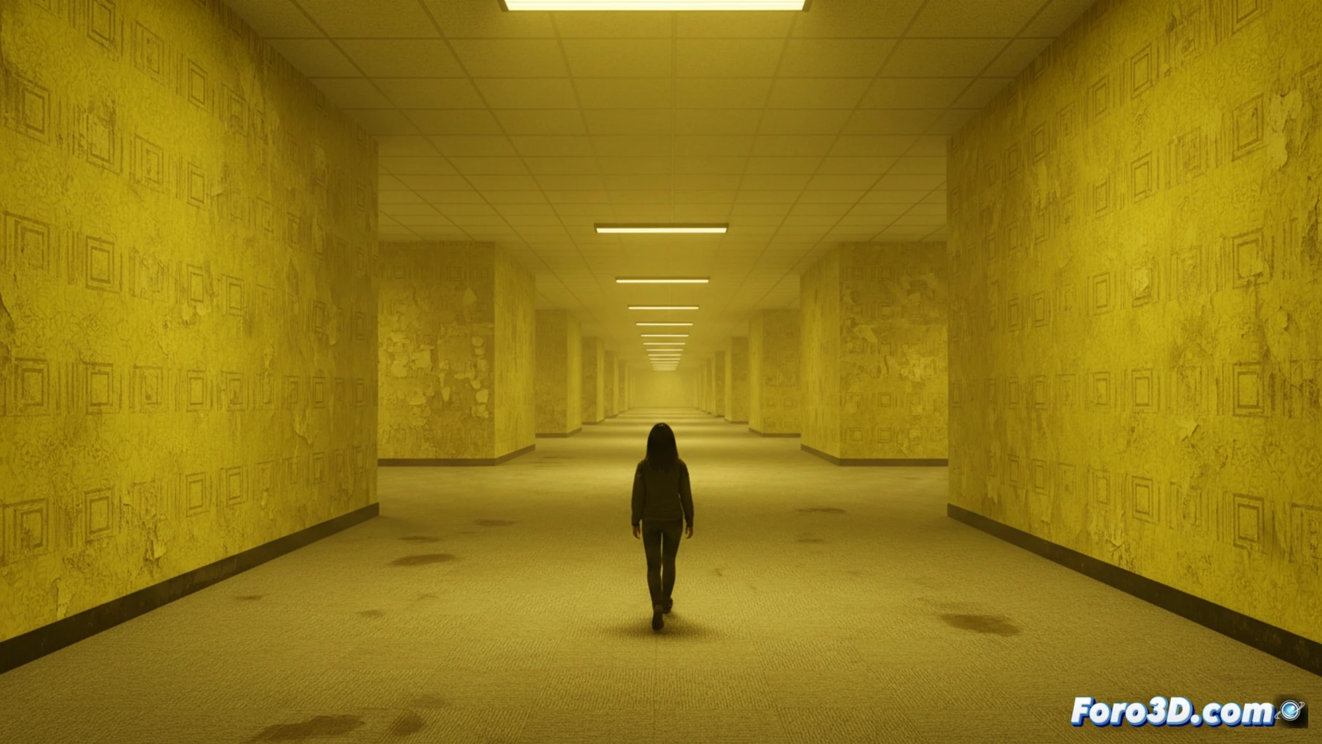 Una imagen que muestra a Kane Parsons frente a un monitor 3D de Blender, con un laberinto amarillo de fondo y un actor perdido en el set real de 30,000 pies cuadrados.