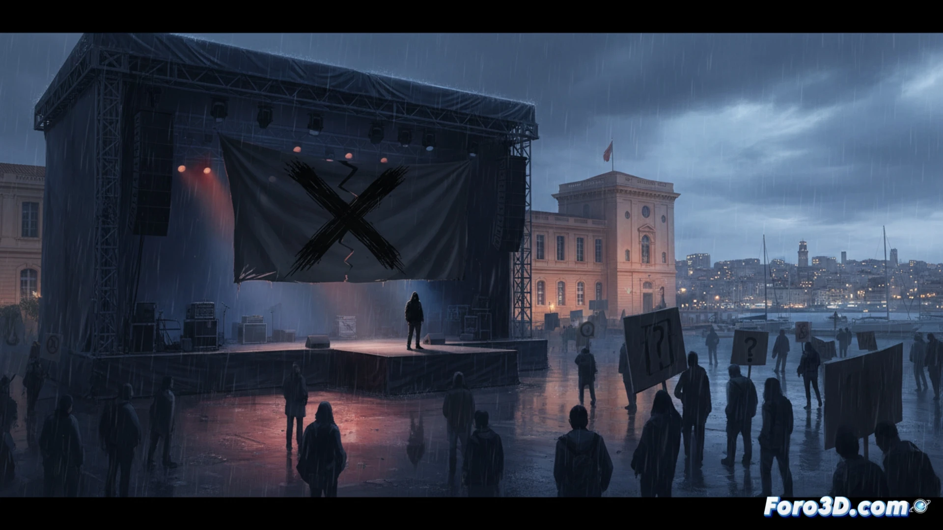 Concierto cancelado de Ye en Marsella, con su nombre en pantallas y símbolos polémicos proyectados en el fondo.