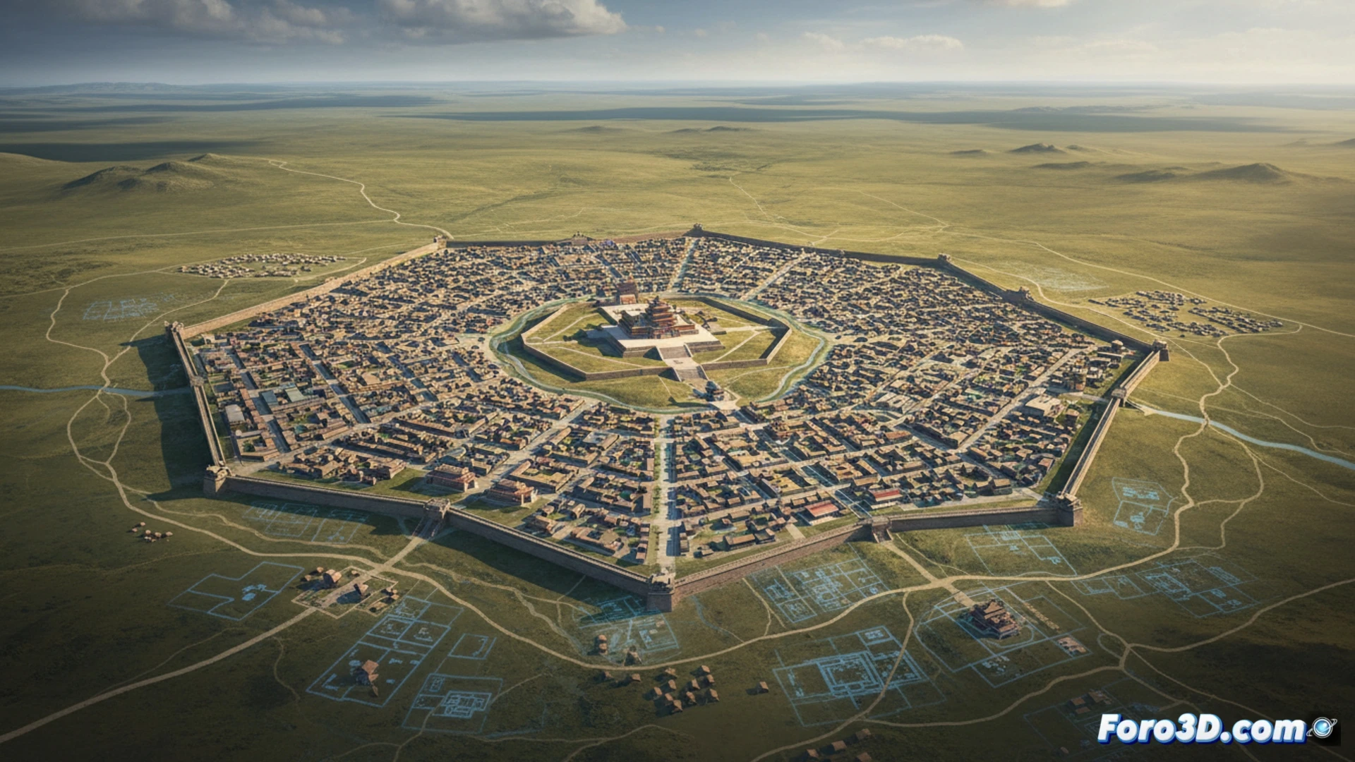 Imagen aérea de la estepa con superpuesto un mapa digital de estructuras subterráneas de la antigua capital mongola.