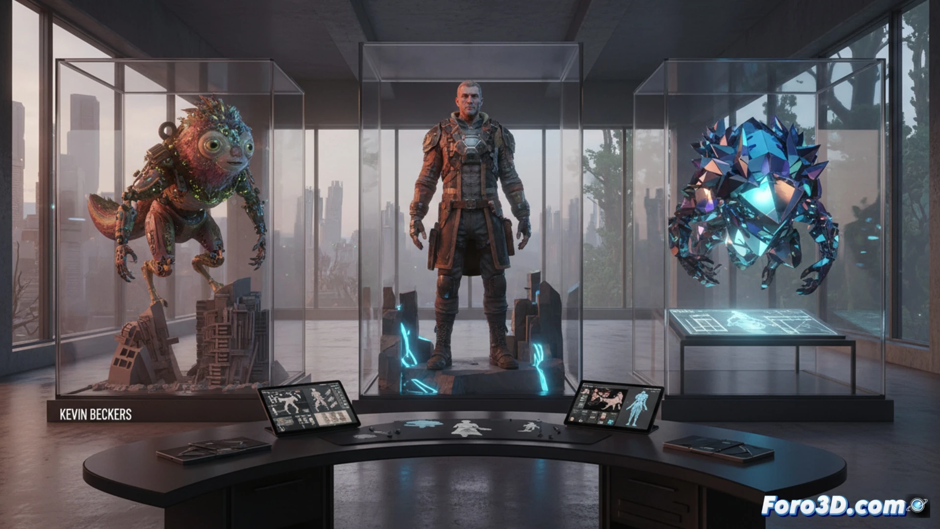 Un artista modela un personaje 3D estilizado en su estación de trabajo, con planos arquitectónicos y renders técnicos visibles al fondo, simbolizando su transición profesional.