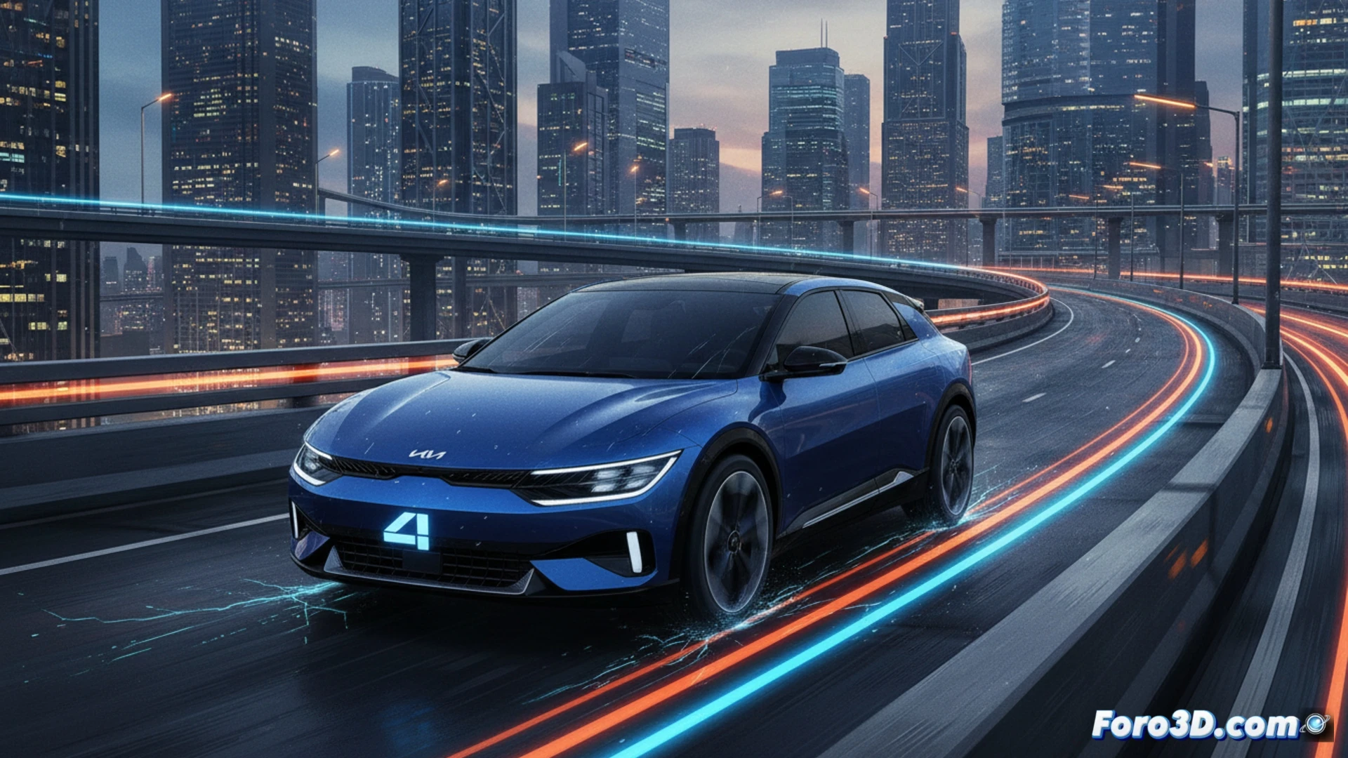 KIA EV4 con tracción total, 265 CV, diseño compacto y deportivo, frente a carretera nevada.