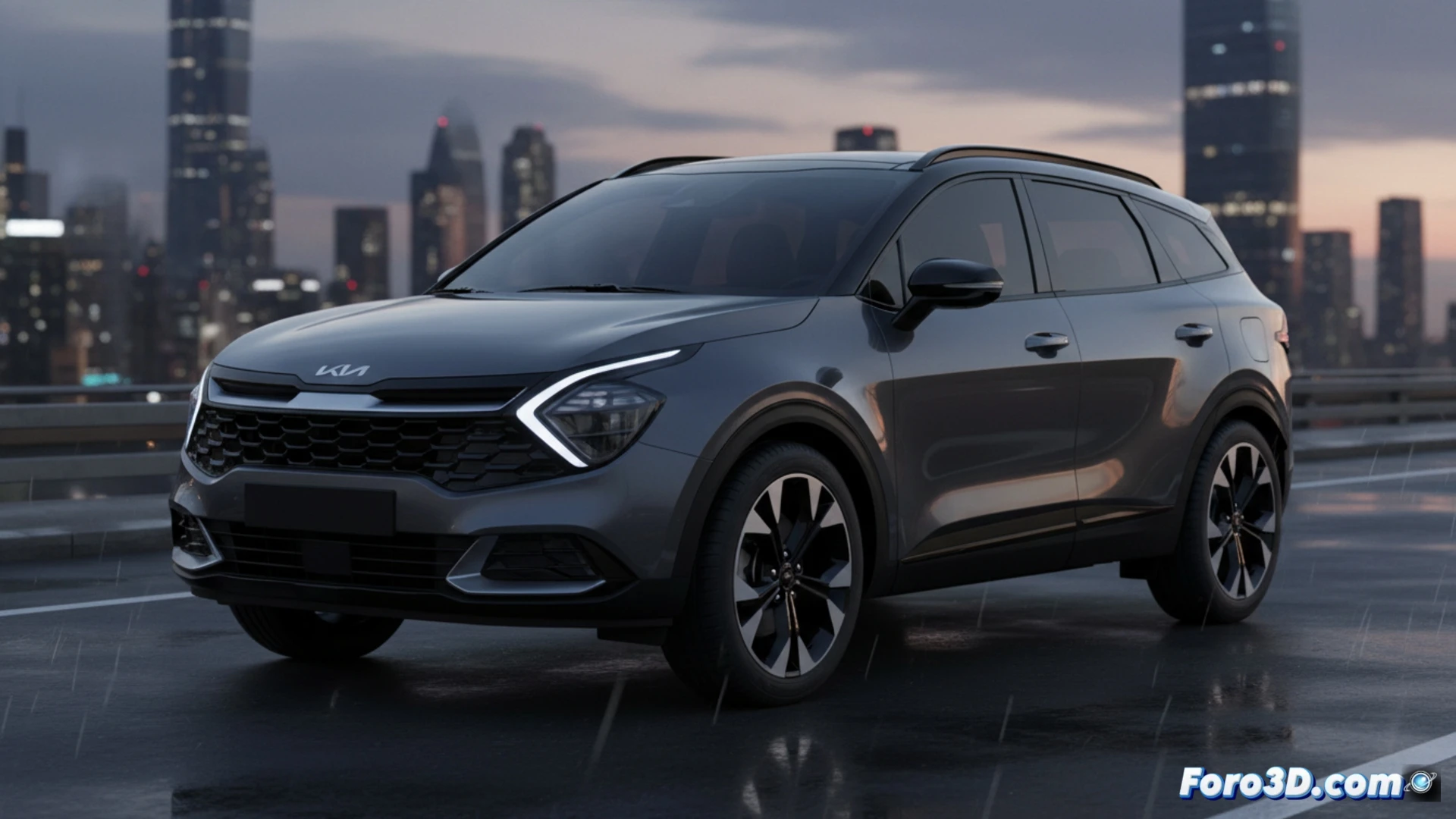 Un KIA Sportage Black Edition, con detalles oscuros en parrilla, retrovisores y llantas, en una carretera de montaña.