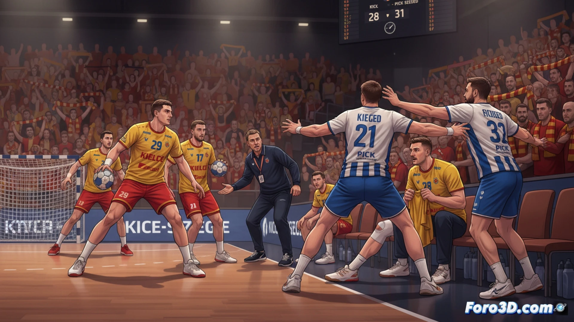 Un jugador de balonmano con el dorsal 99, Álex Dujshebaev, celebra un gol ante la afición del KS Vive Kielce.