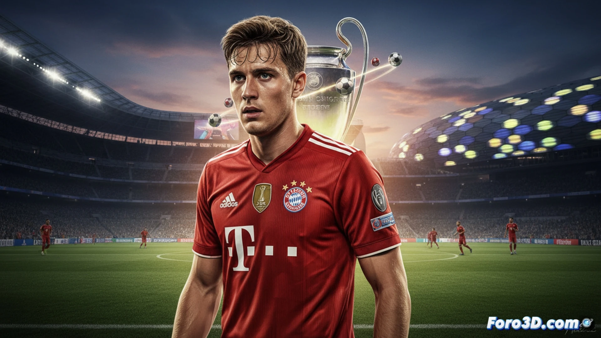 Joshua Kimmich en rueda de prensa, con los escudos del Real Madrid y Bayern de Múnich proyectados a su espalda.