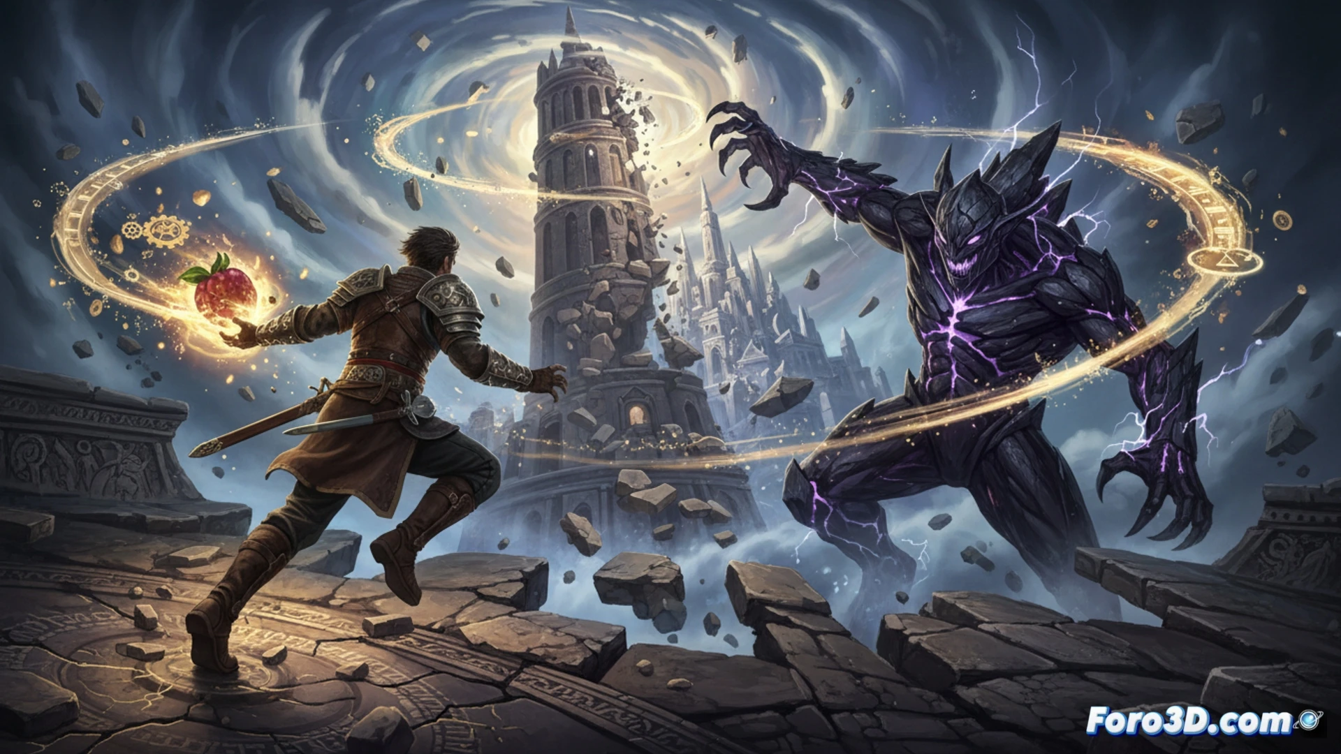 Un héroe sostiene una fruta brillante que distorsiona el tiempo, frente a un antiguo monstruo en un reino fantástico.