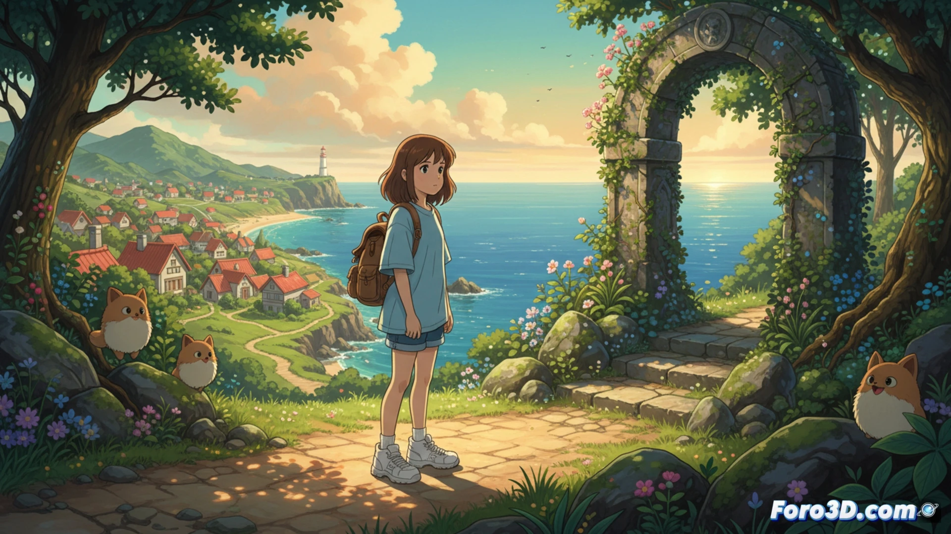 Un joven llamado Asti explora una isla soleada al estilo anime 90s, con un pueblo costero y un faro al fondo.