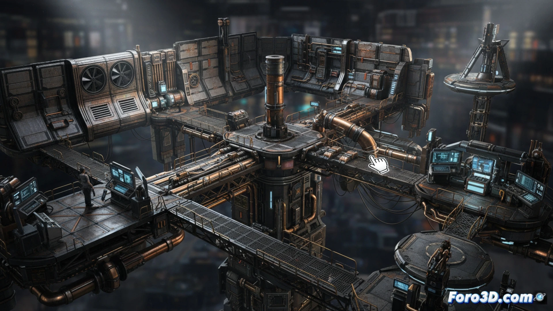 Ilustración del kit Industrial Design Set con 250 piezas retro y sci-fi: vigas, tuberías, plataformas y computadoras listas para arrastrar y soltar.