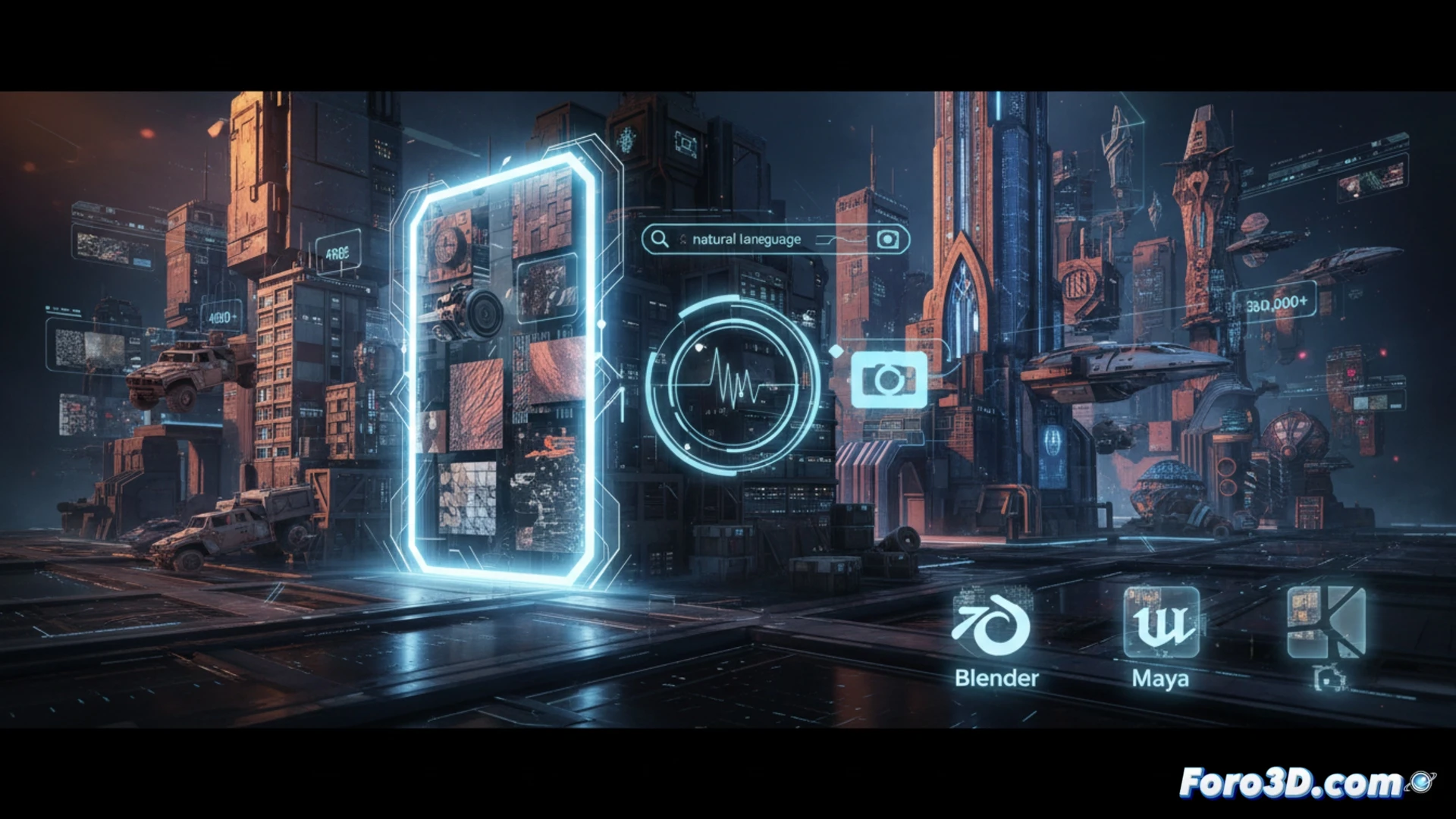 Una interfaz de software 3D con una barra de búsqueda por IA y modelos organizados en estanterías virtuales.