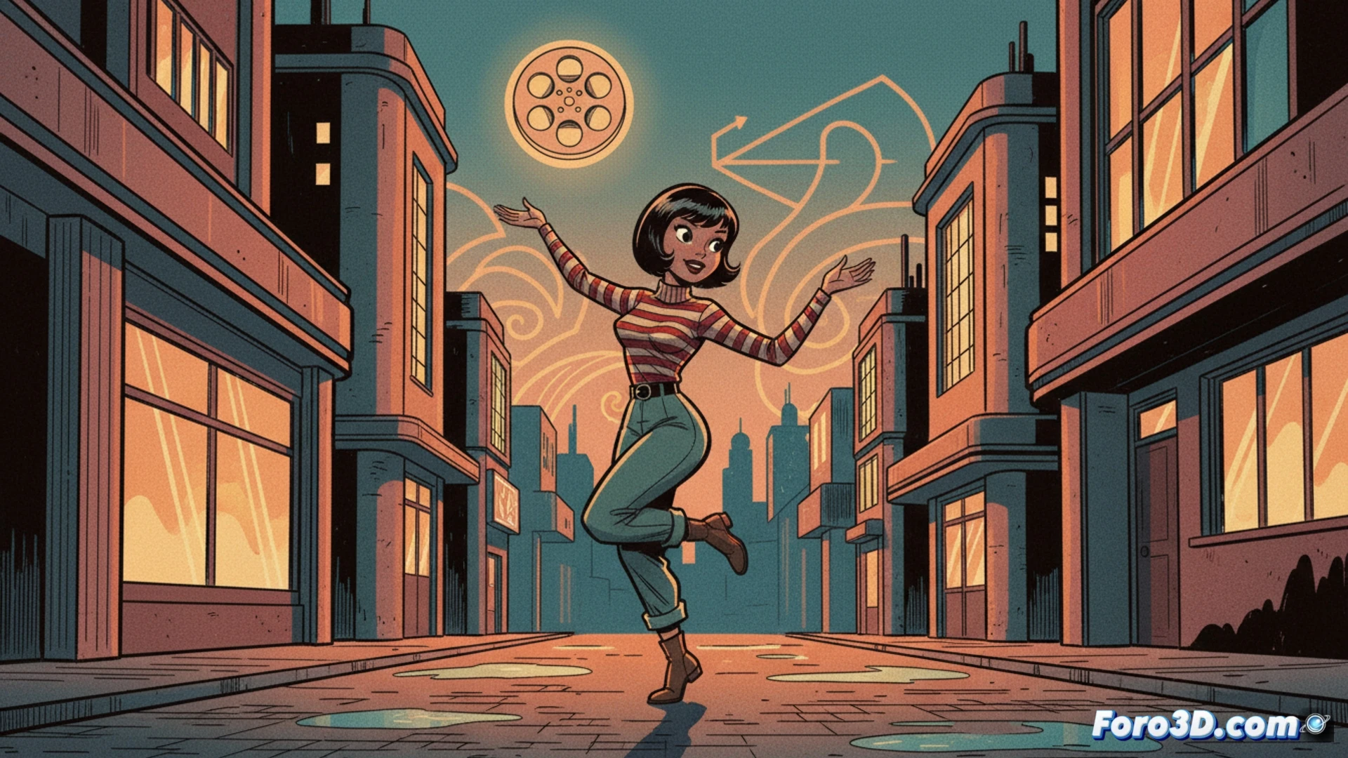 Un animador trabaja en su mesa de luz, rodeado de bocetos con el estilo retro y textura de los cómics europeos de los años 50.